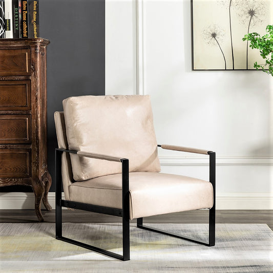 Beige faux leather accent chair with black metal frame and square arms