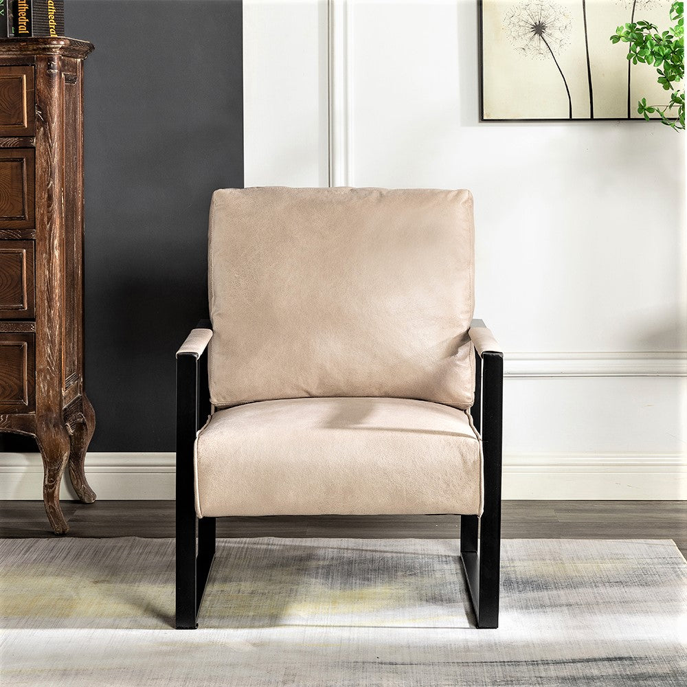 Beige upholstered accent chair with black metal frame