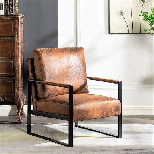 Rustic brown faux leather armchair with black metal frame