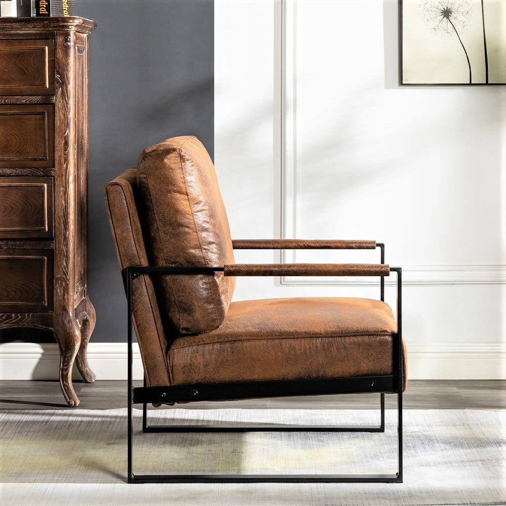 Brown faux leather accent chair with black metal frame