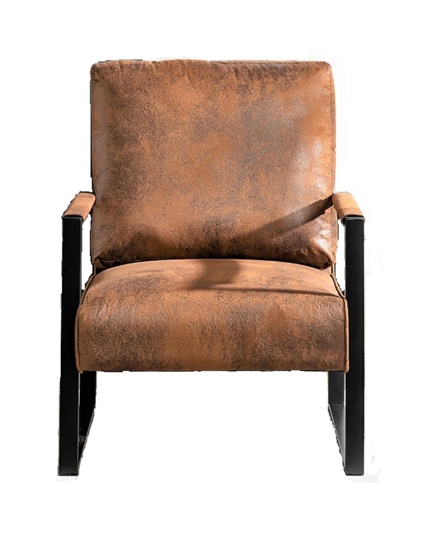 Rustic brown faux leather armchair with black metal frame
