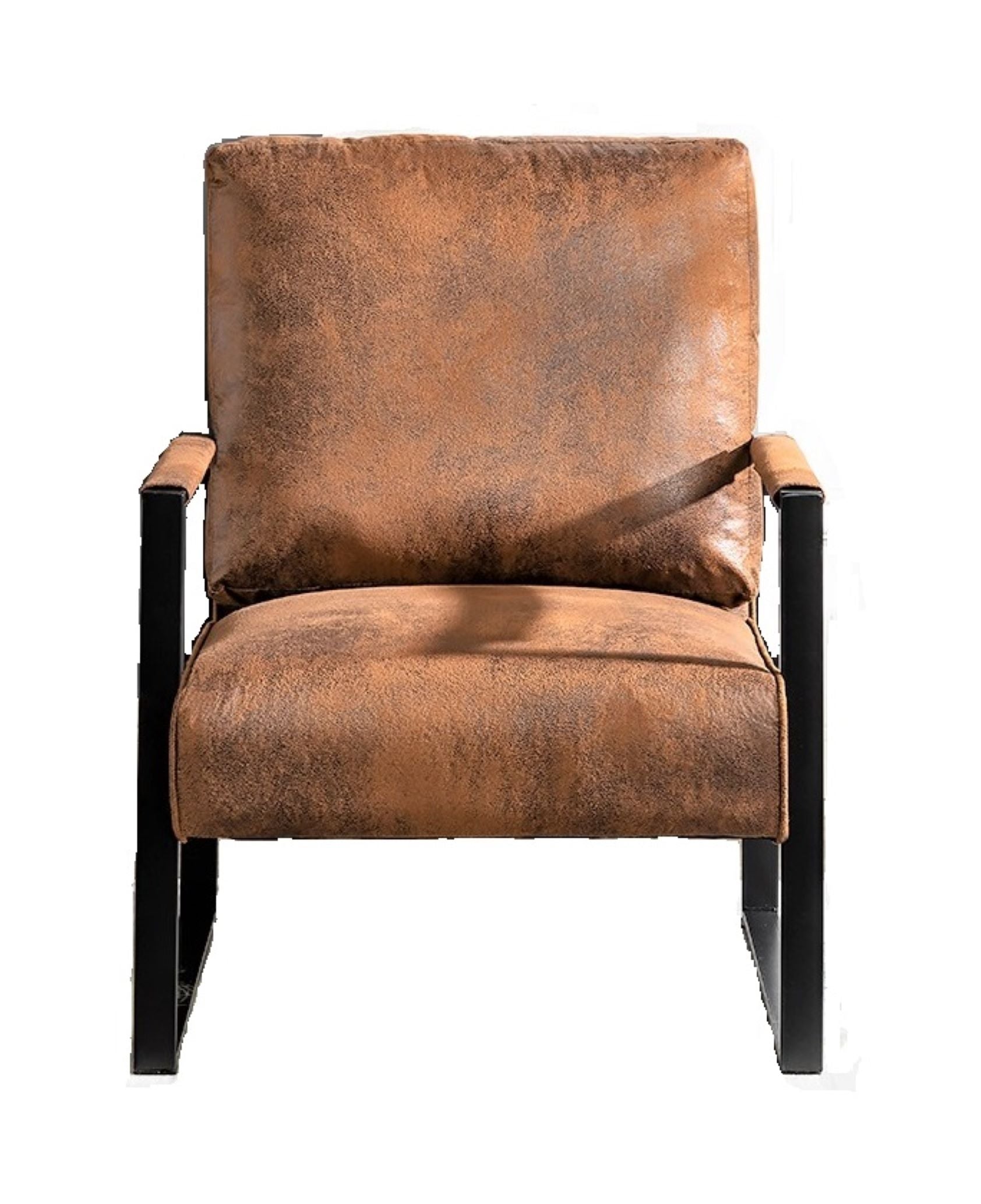 Rustic brown faux leather armchair with black metal frame