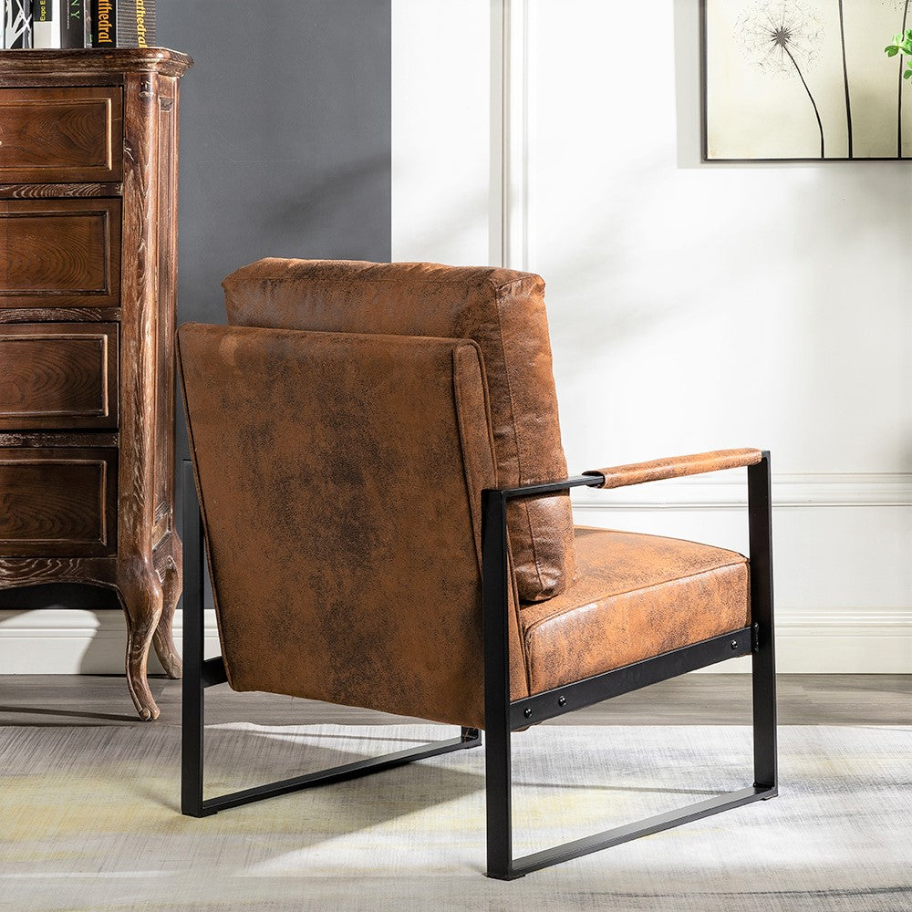 Rustic brown faux leather armchair with black metal frame