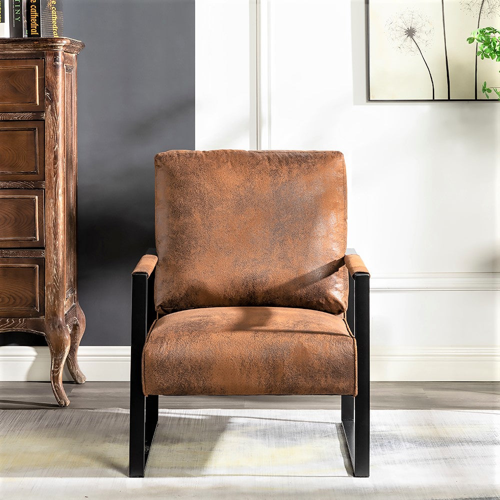 Brown distressed faux leather accent chair with black metal frame