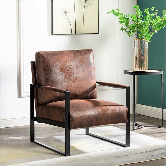 Brown faux leather armchair with black metal frame