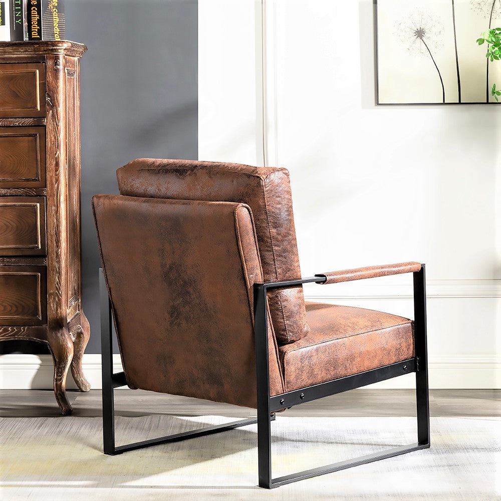 Brown faux leather accent chair with black metal frame