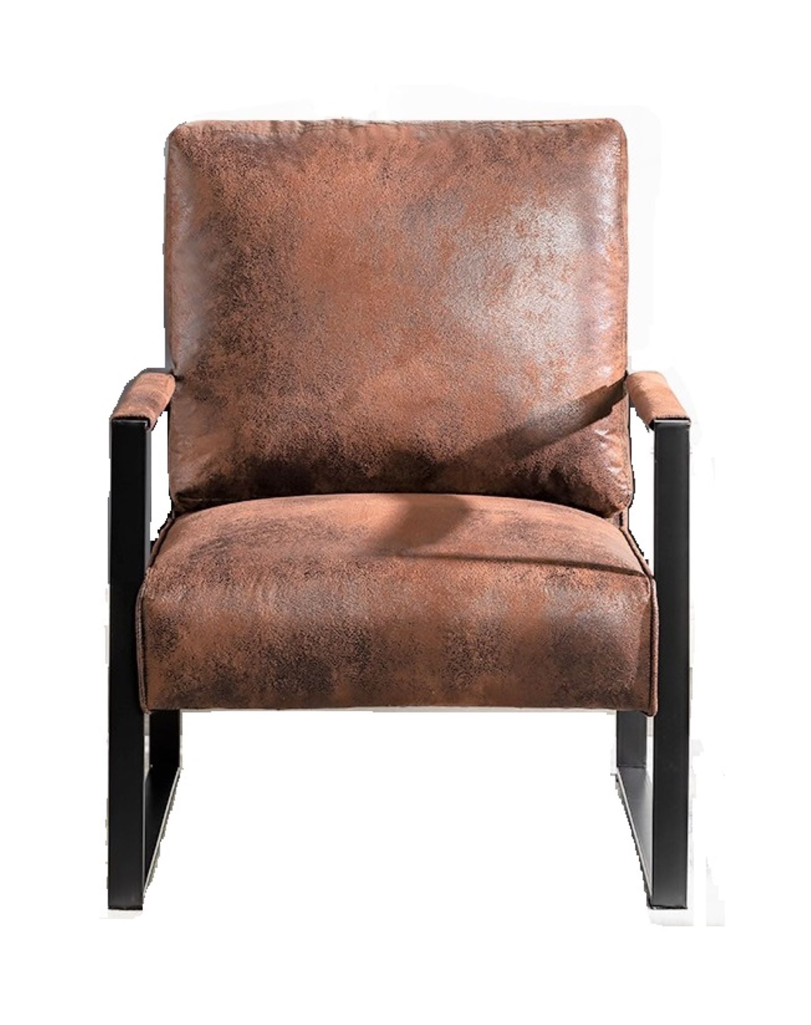 Brown faux leather armchair with black metal frame