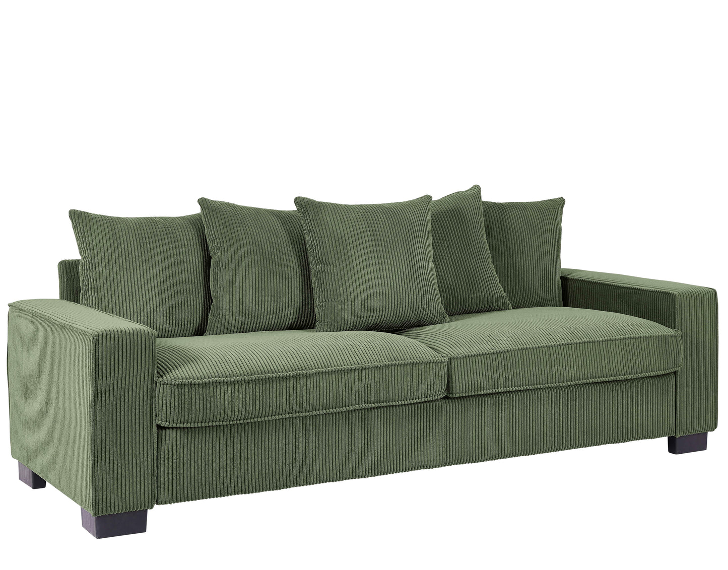 Green corduroy threeseater sofa with plush cushions for comfortable living room seating