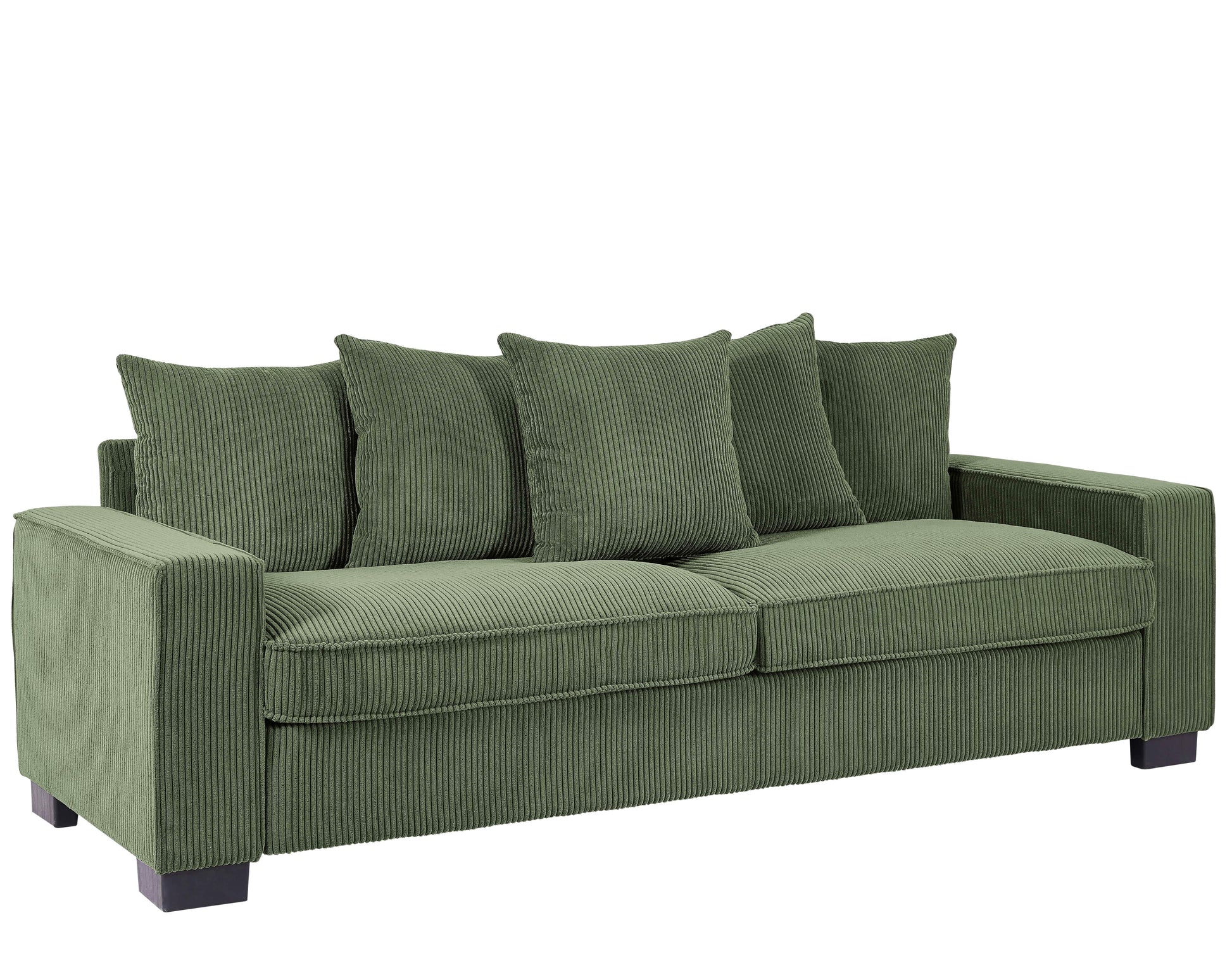 Green corduroy threeseater sofa with plush cushions for comfortable living room seating