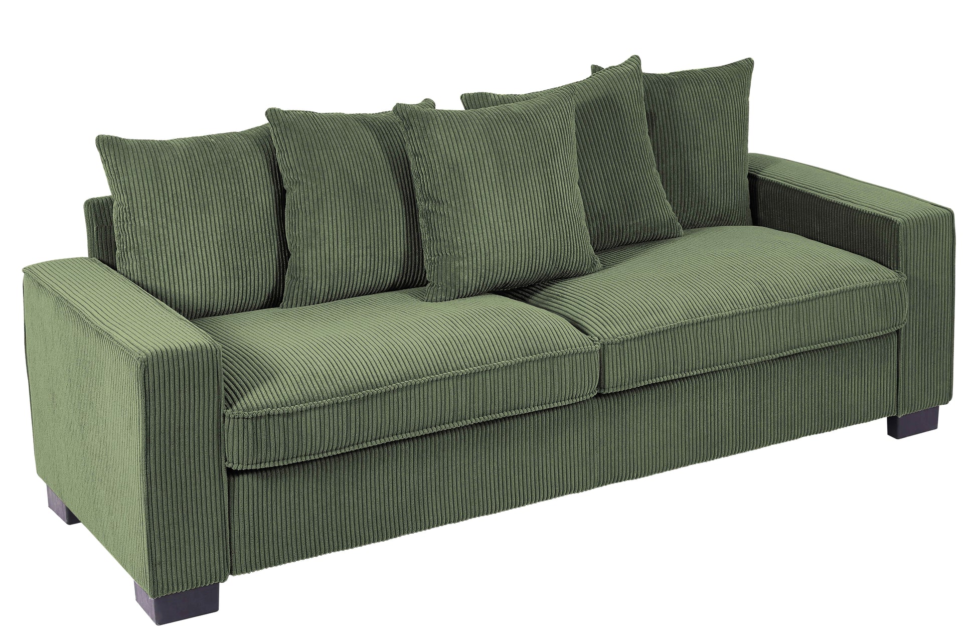 Threeseater green corduroy sofa with four plush back cushions for living room comfort