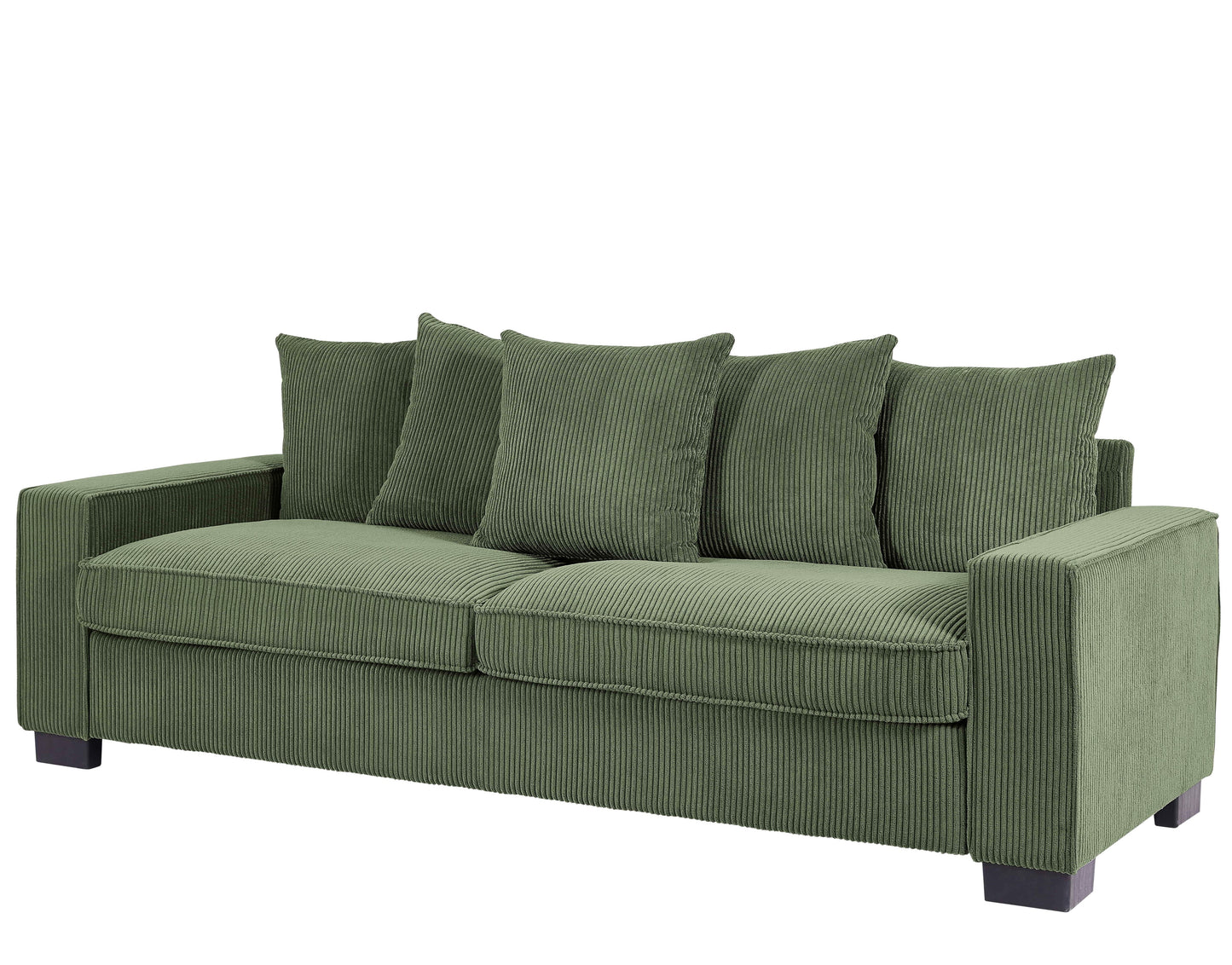 Green corduroy sofa with four plush cushions