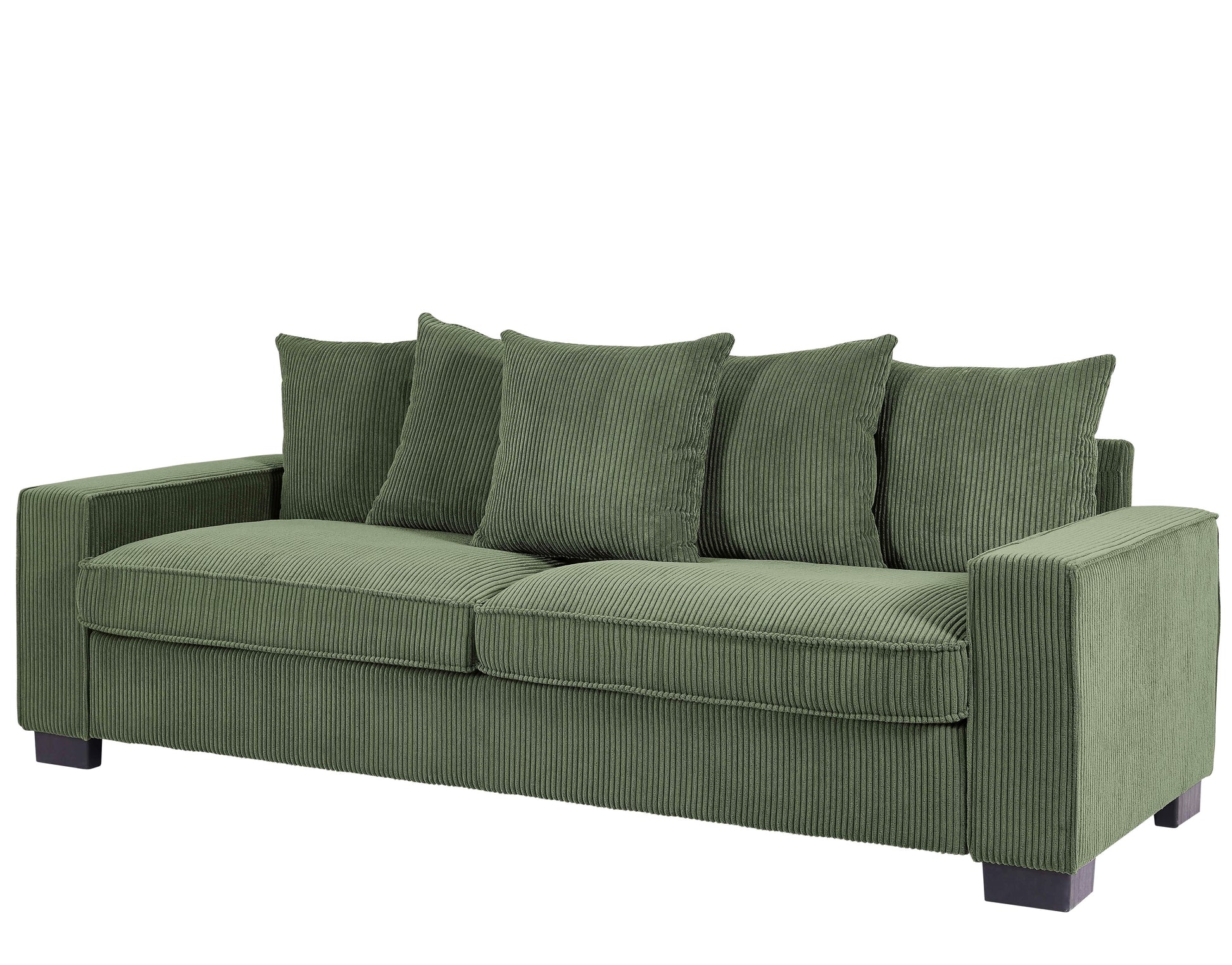 Green corduroy sofa with four plush cushions