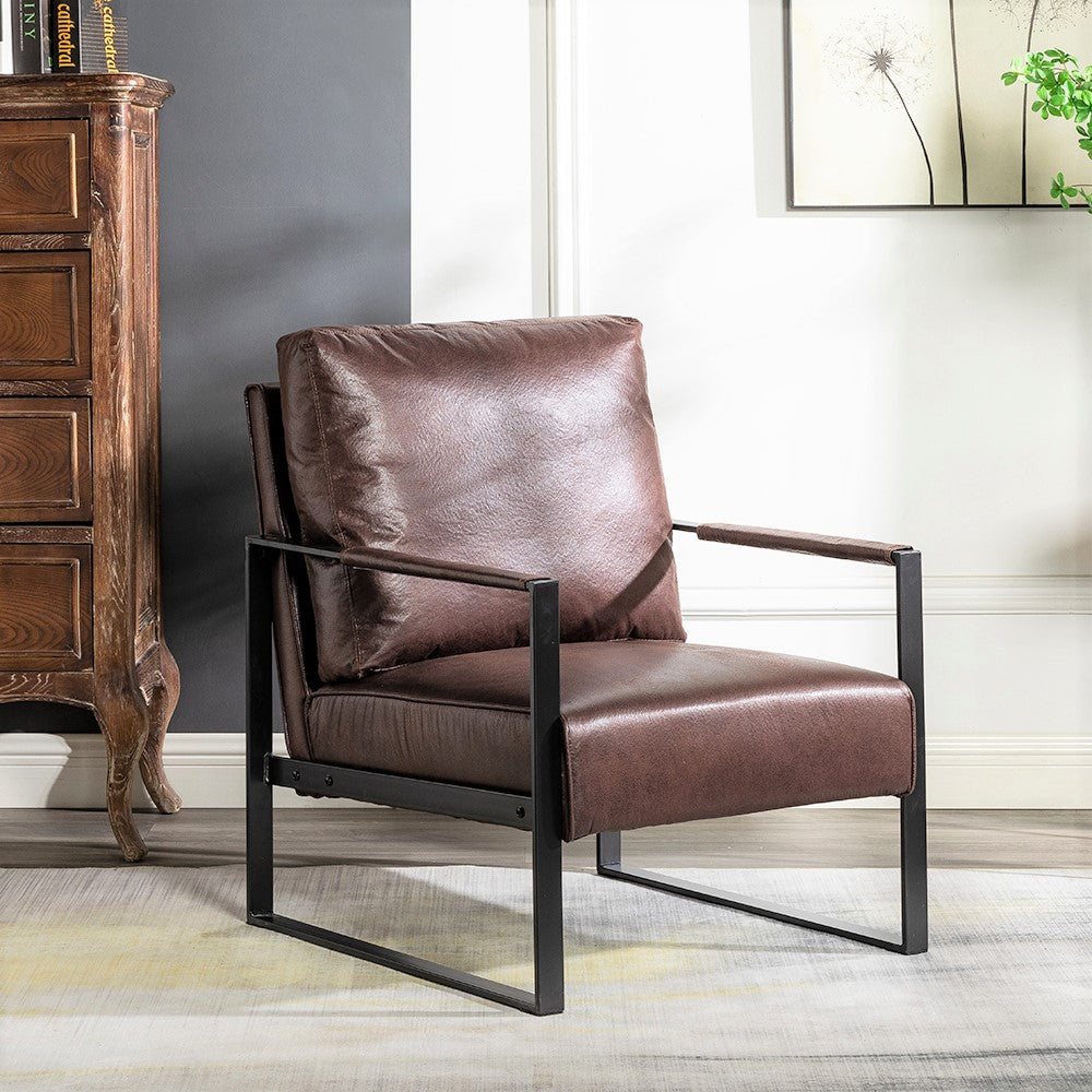 Brown faux leather armchair with black metal frame