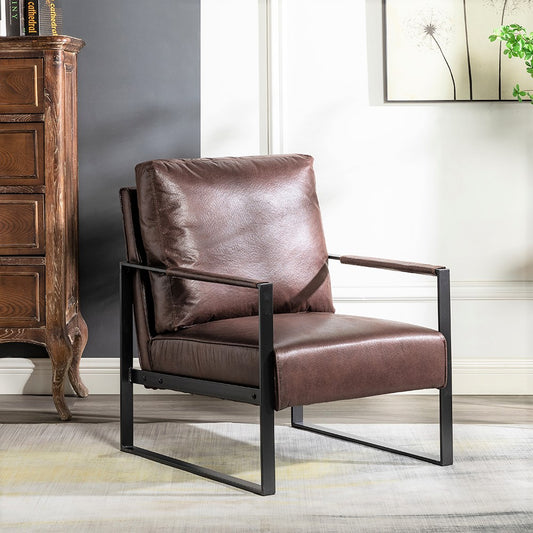 Brown faux leather armchair with black metal frame