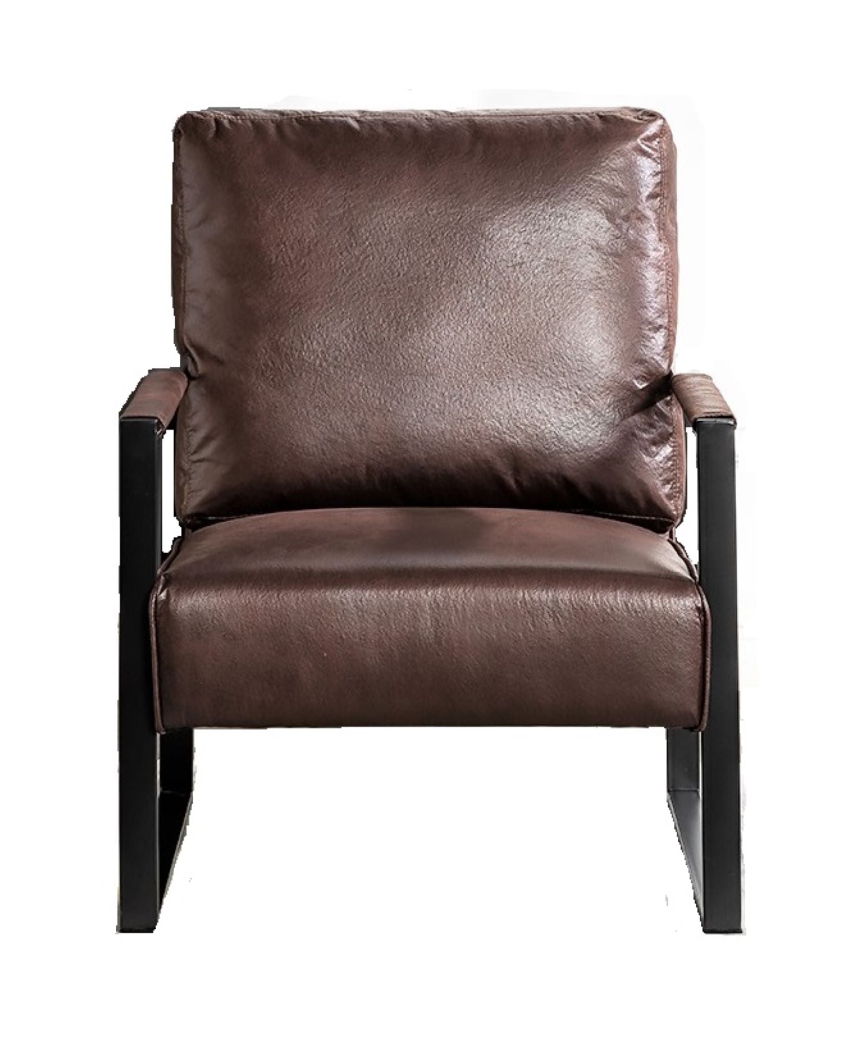 Brown faux leather armchair with black metal frame
