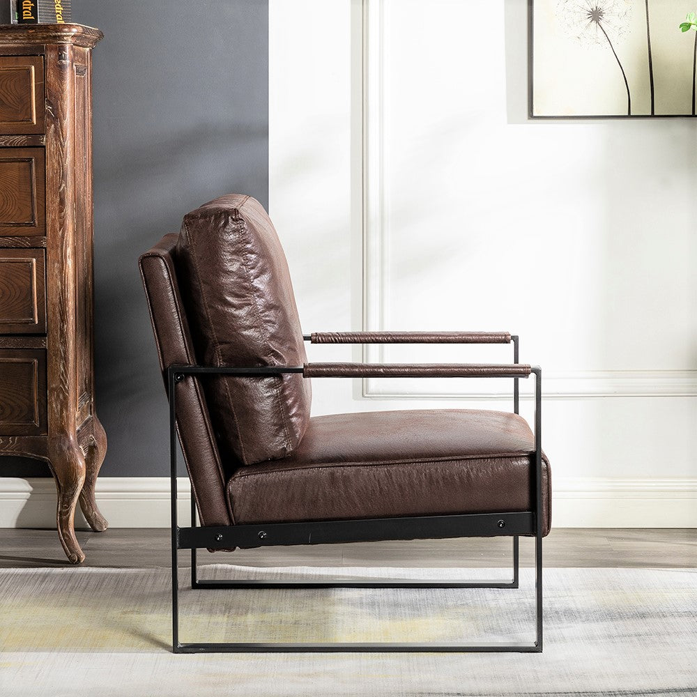 Brown faux leather accent chair with black metal frame and arms