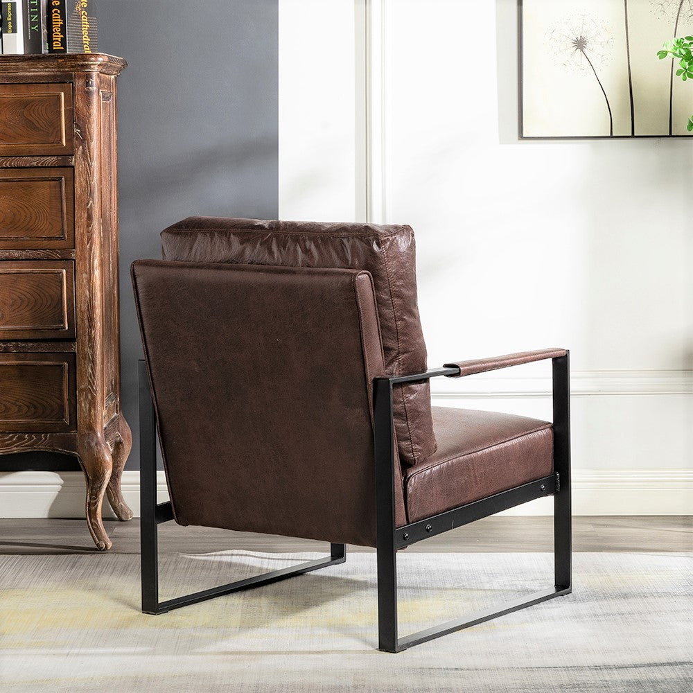 Brown faux leather accent chair with black metal frame and plush cushions