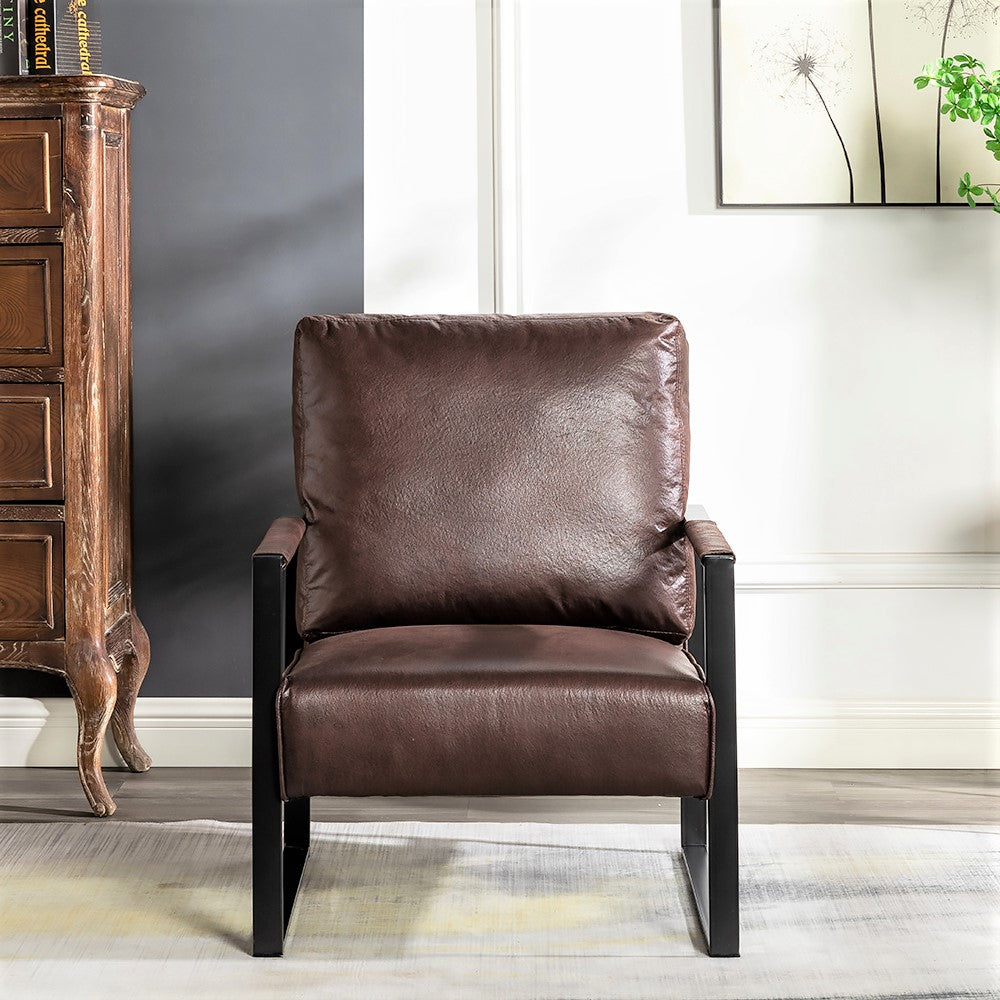 Brown faux leather armchair with black metal frame