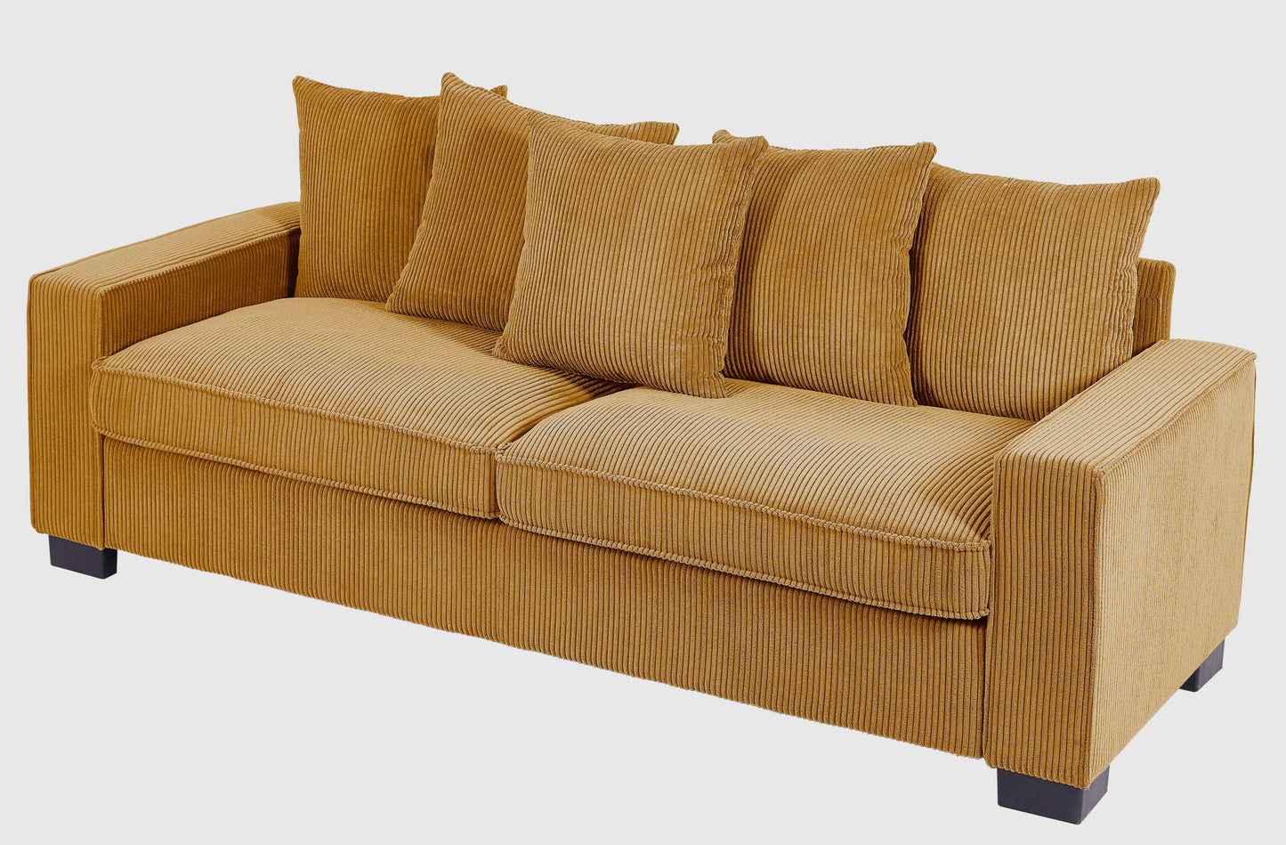 Gold corduroy sofa with four throw pillows