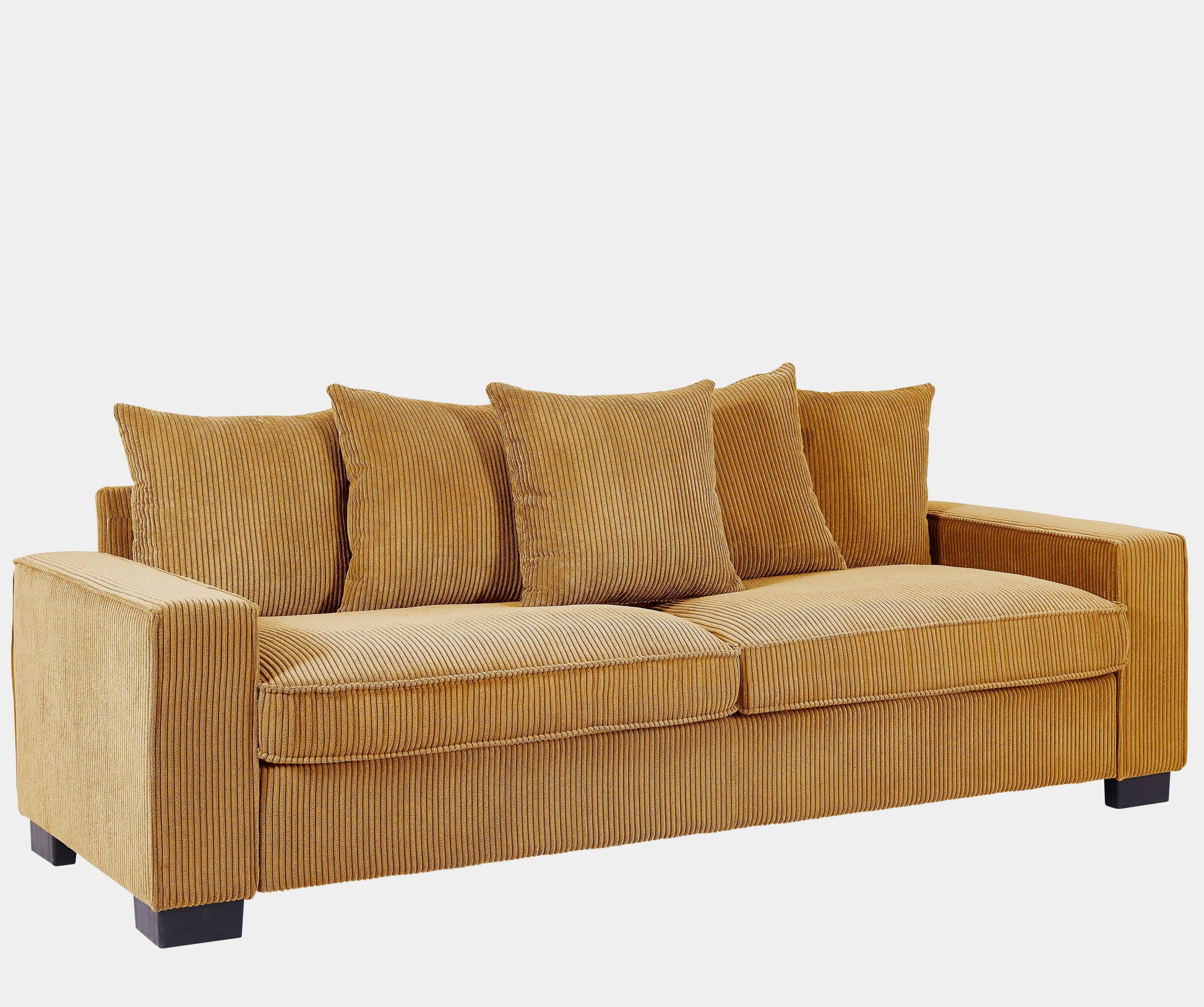 Mustard corduroy sofa with plush cushions