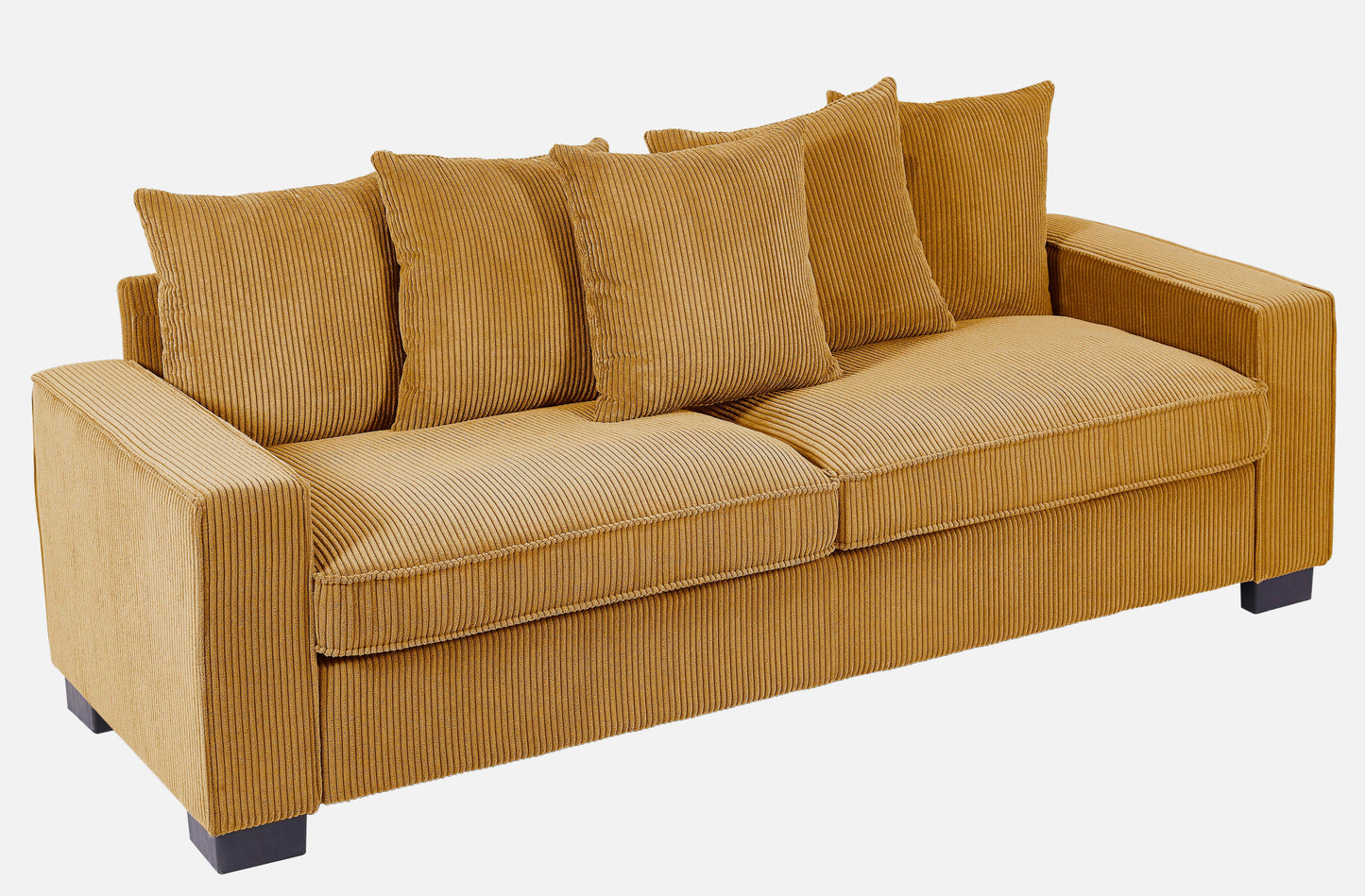 Tan corduroy sofa with four matching throw pillows