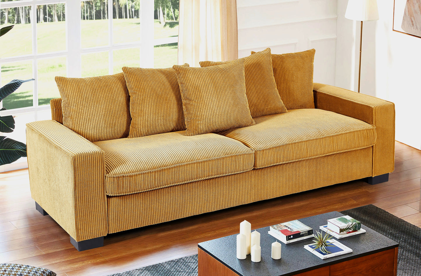 Yellow corduroy sofa with plush cushions and clean lines