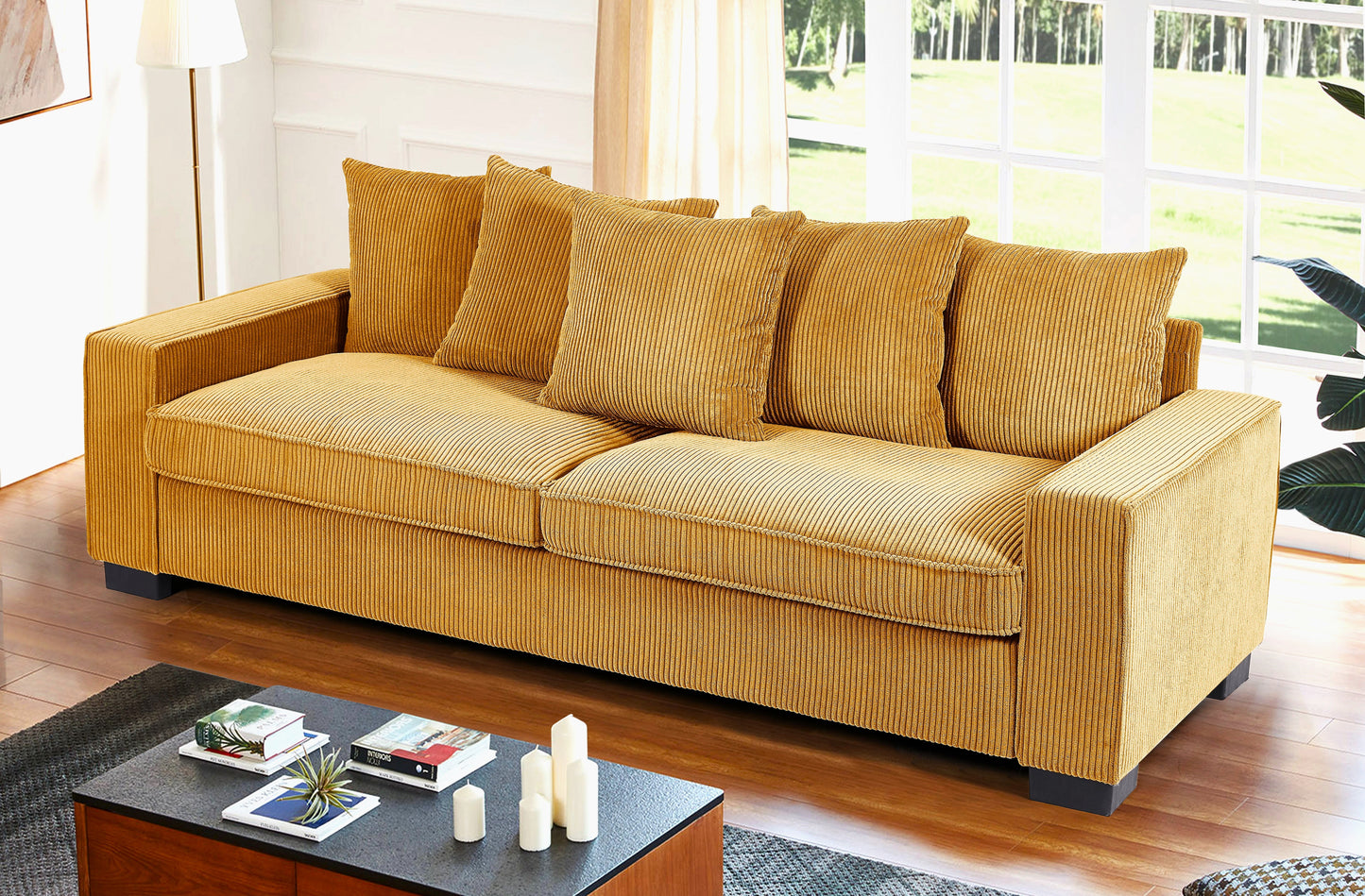 Yellow corduroy sofa with plush cushions and modern black legs
