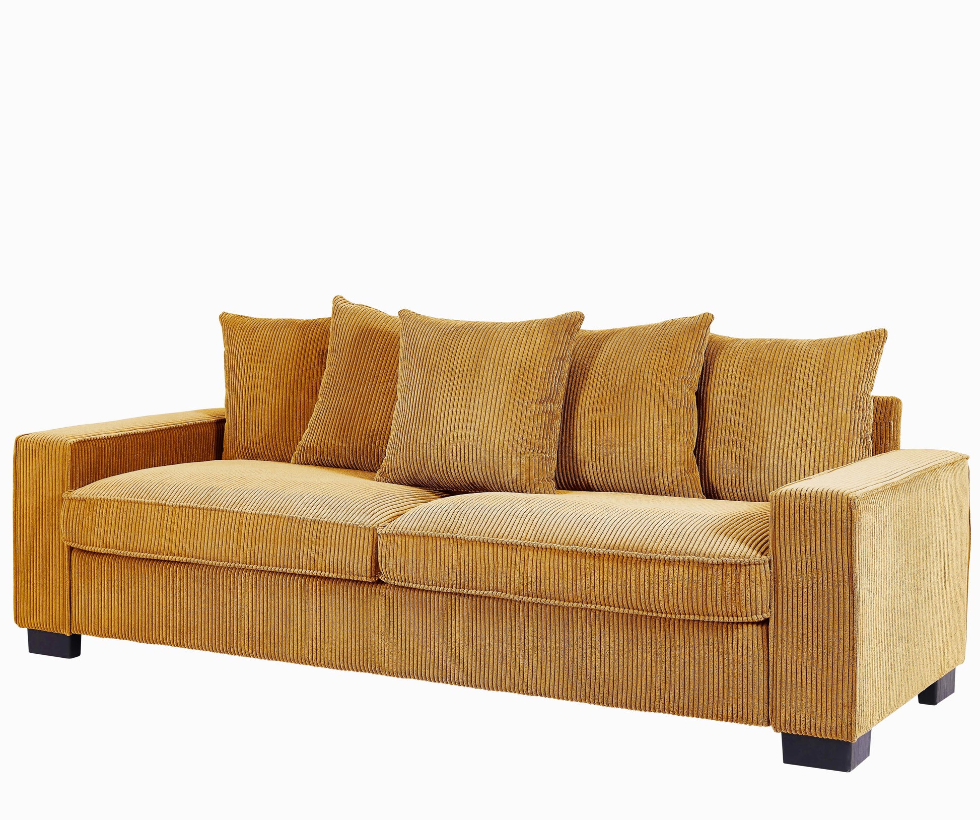 Mustard corduroy sofa with four accent pillows modern living room furniture