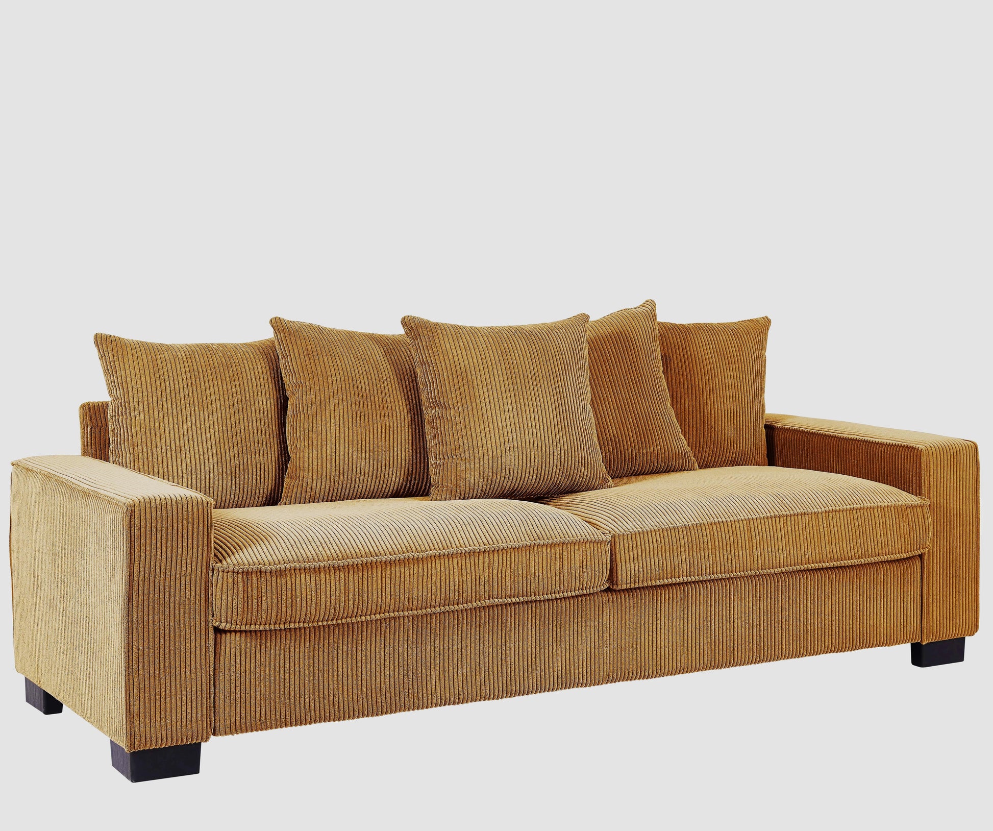 Brown corduroy sofa with four matching throw pillows on a light gray background