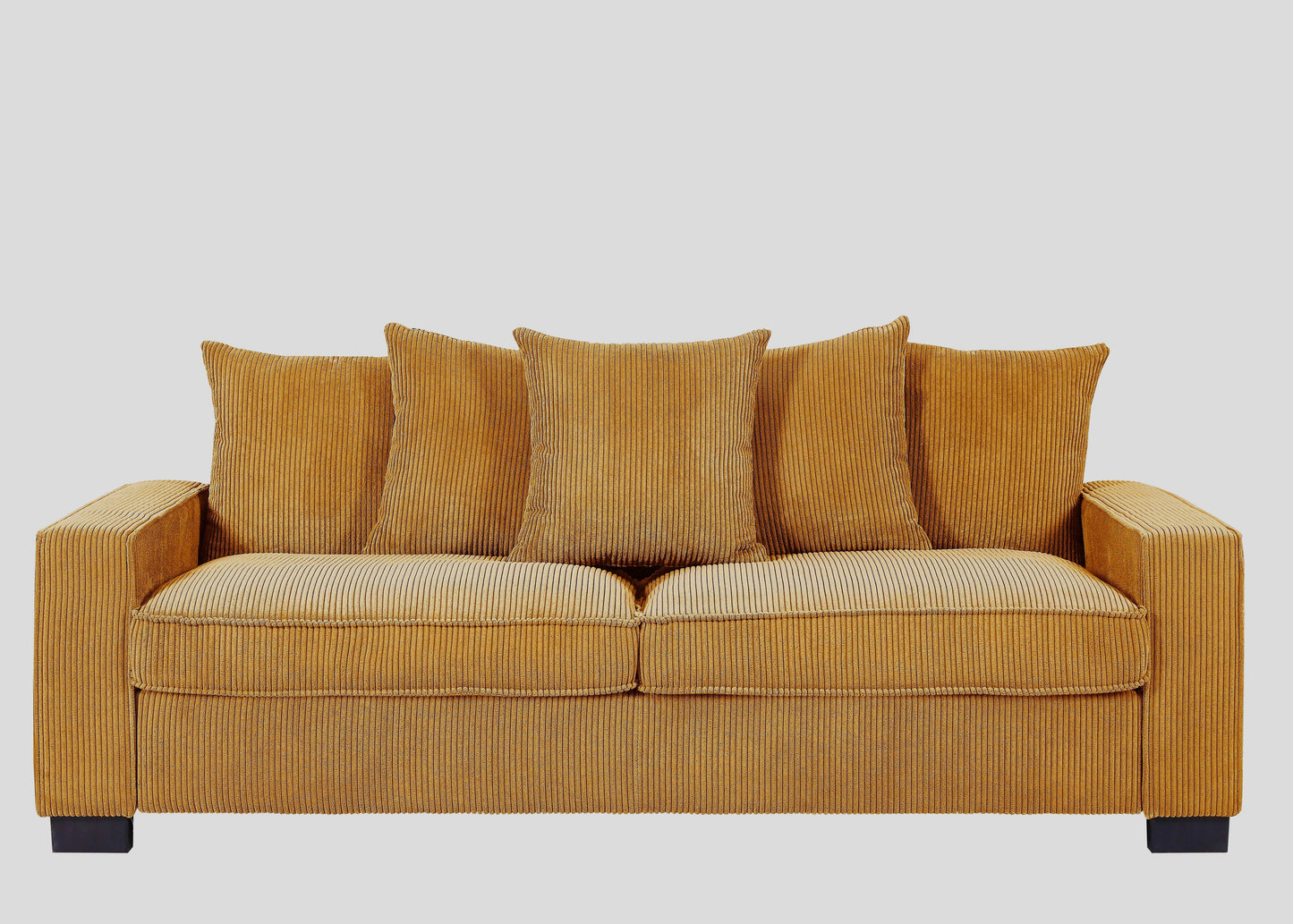Mustard corduroy sofa with plush cushions