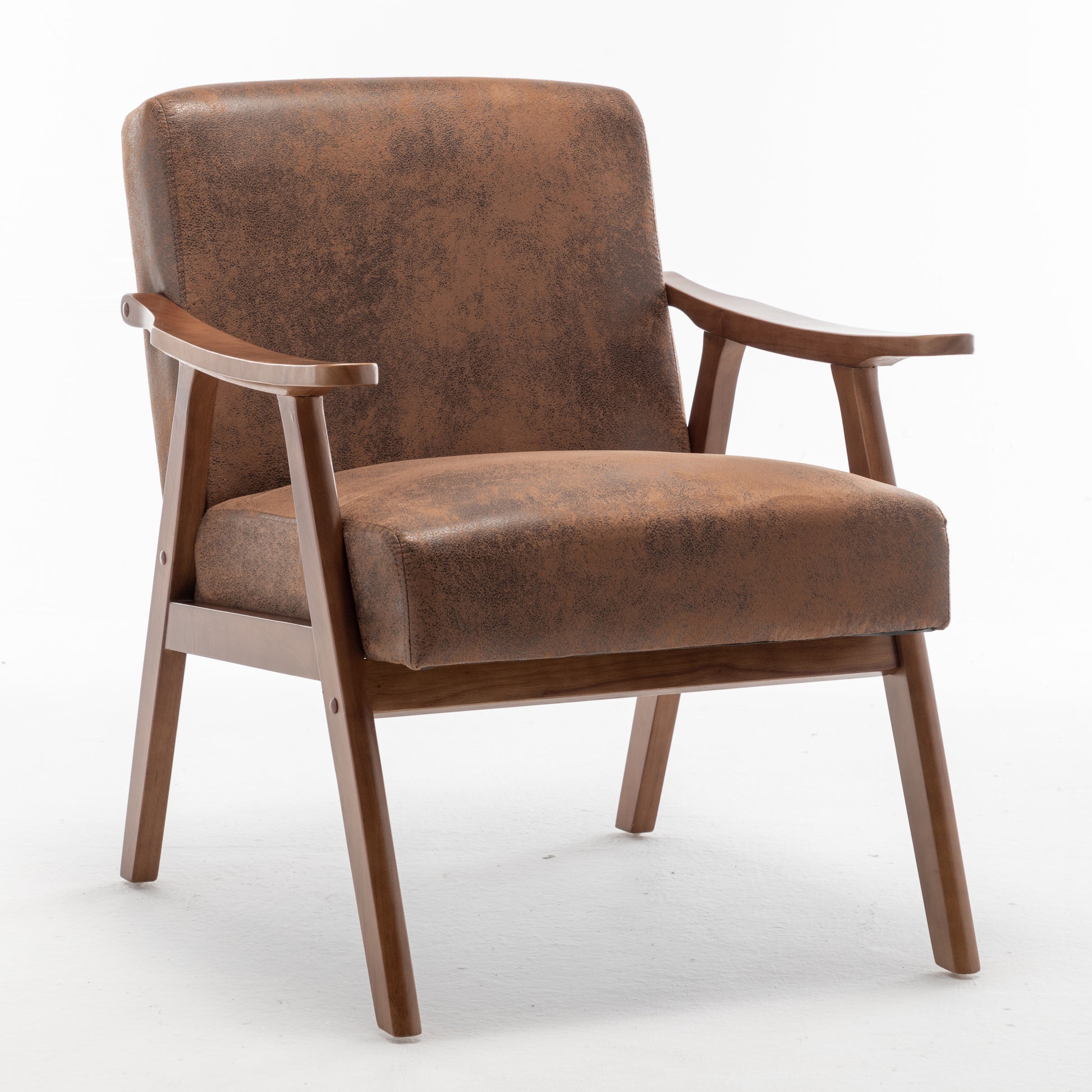 Brown suede accent chair with wooden armrests and legs