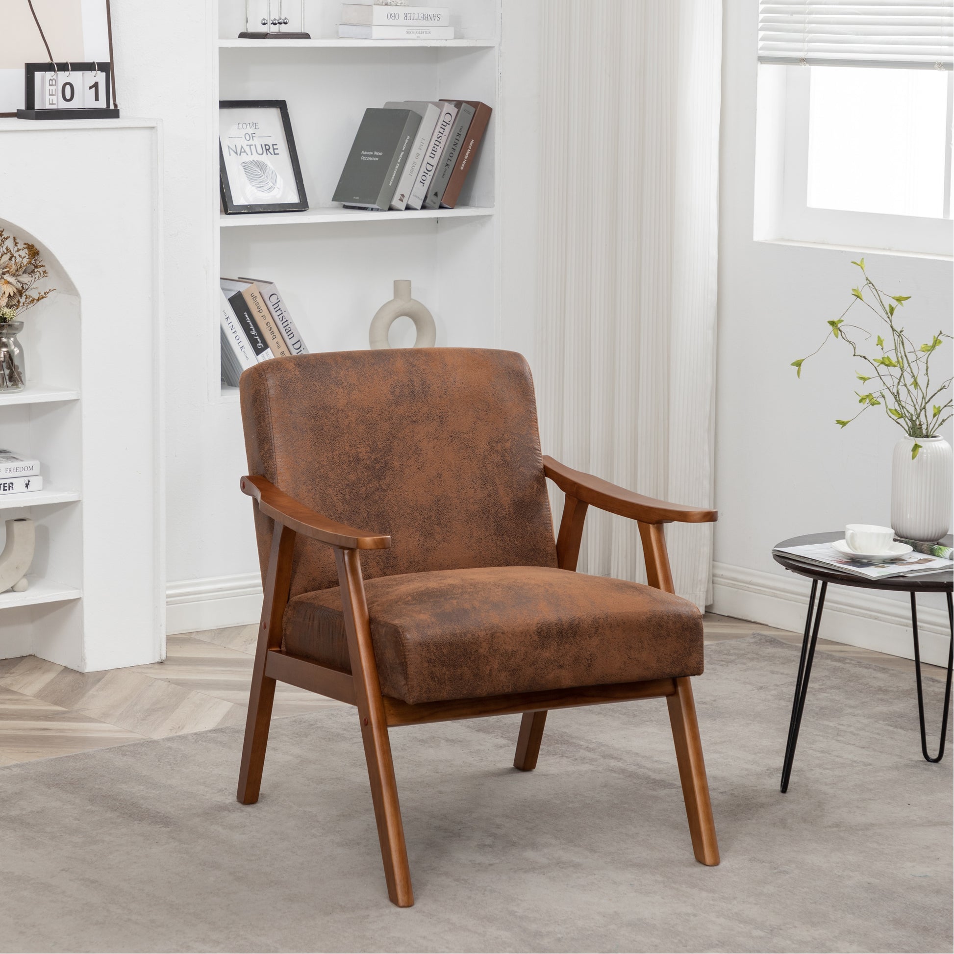 Brown faux leather accent chair with wooden frame and arms