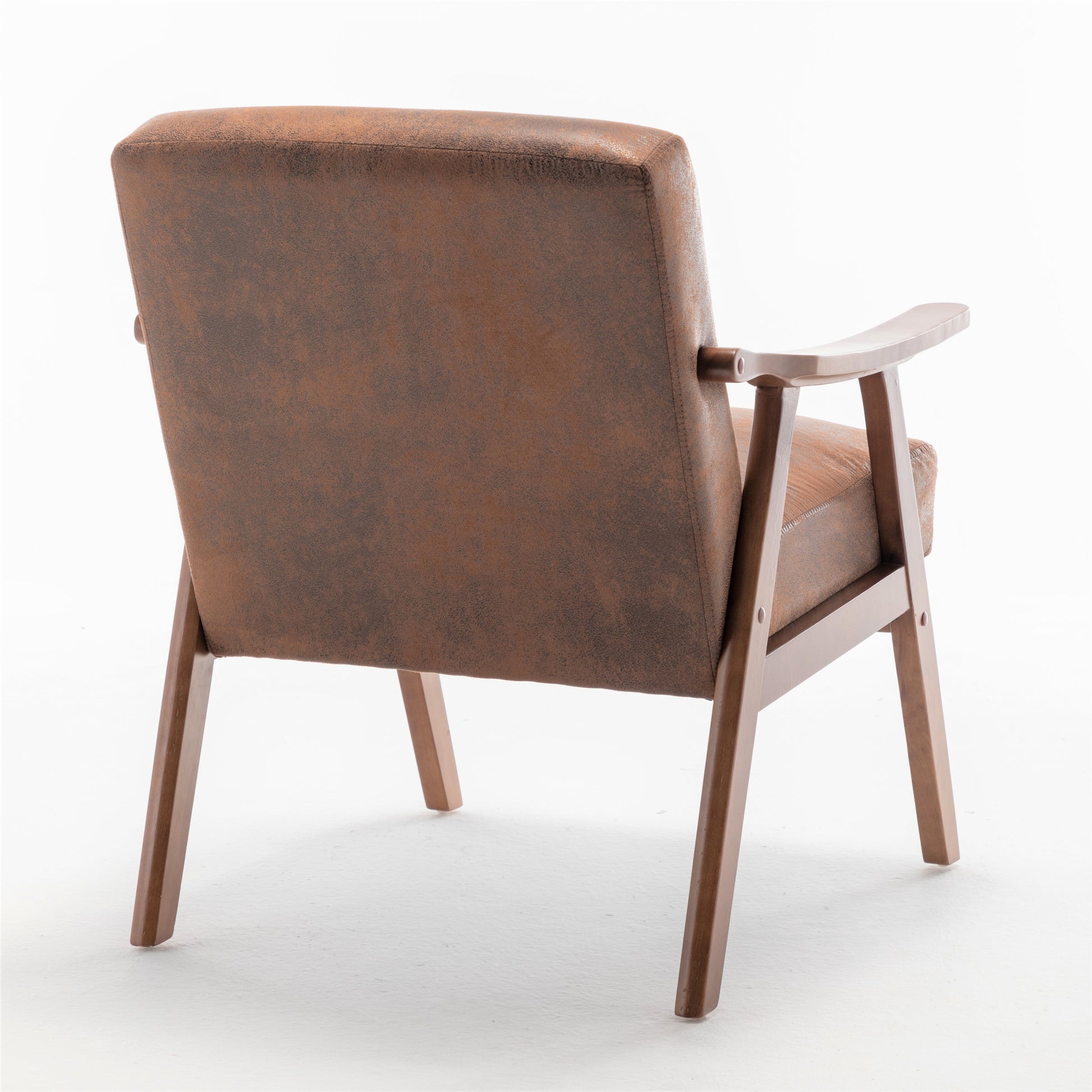 Brown faux leather accent chair with wooden frame