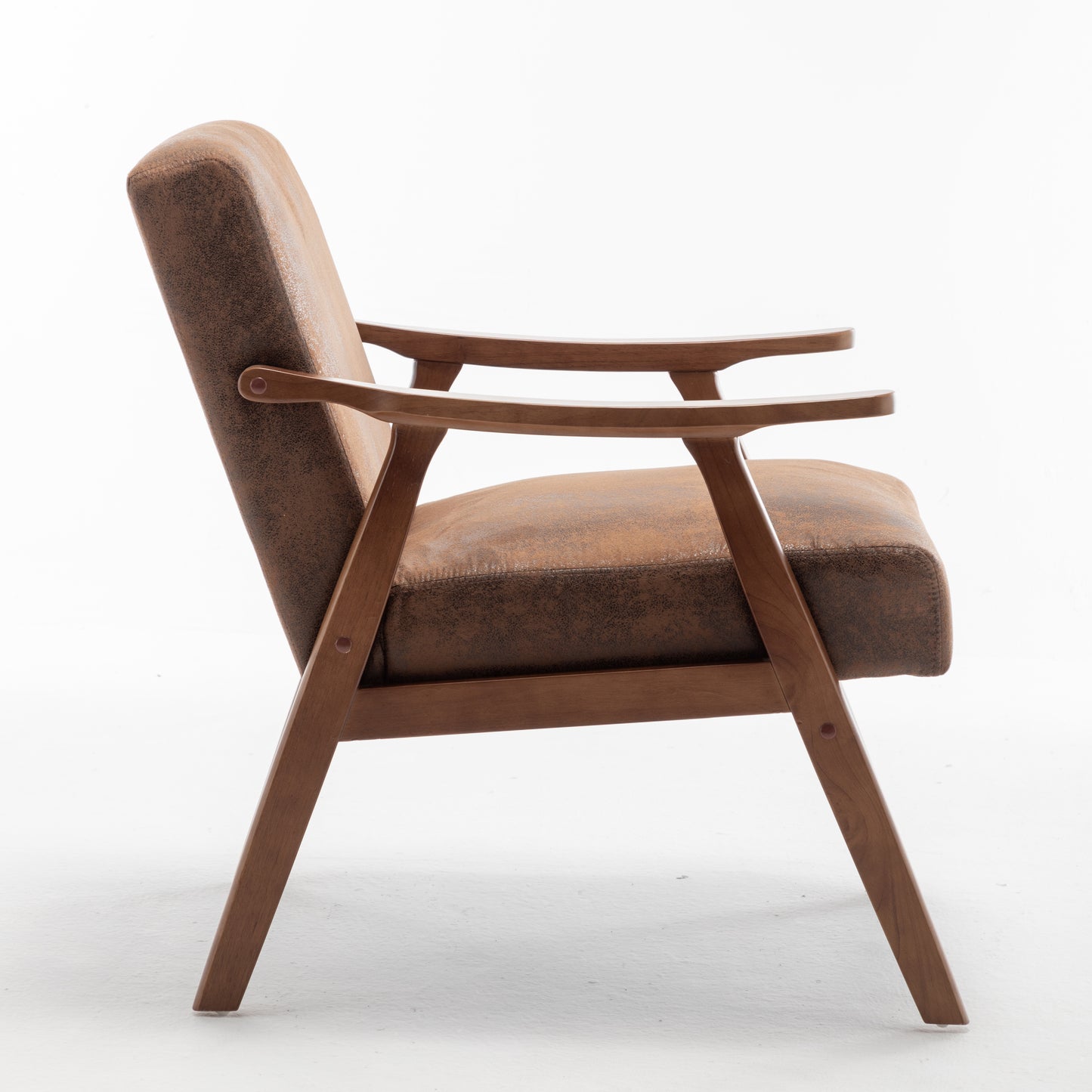 Brown faux leather armchair with natural wood frame