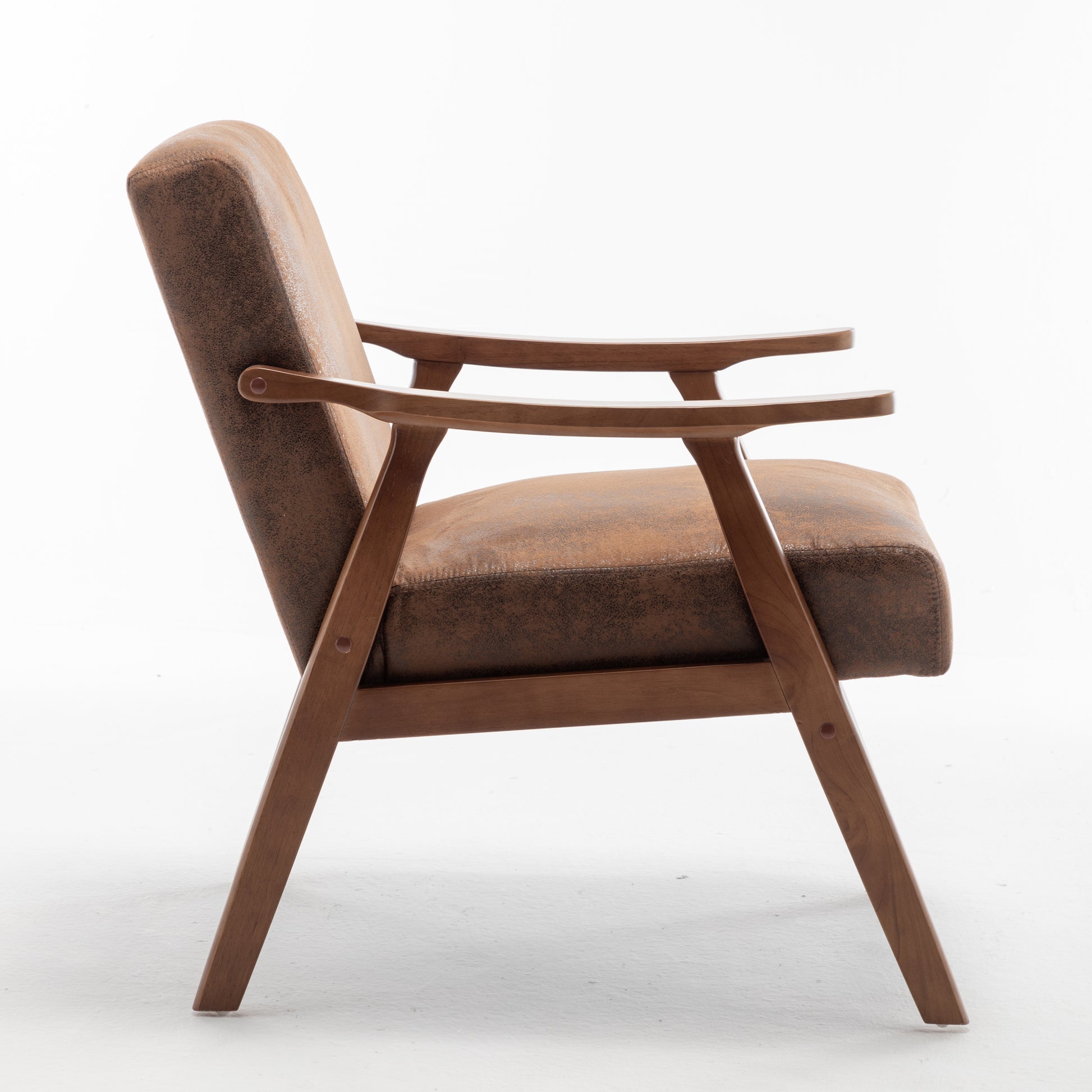 Brown faux leather armchair with natural wood frame