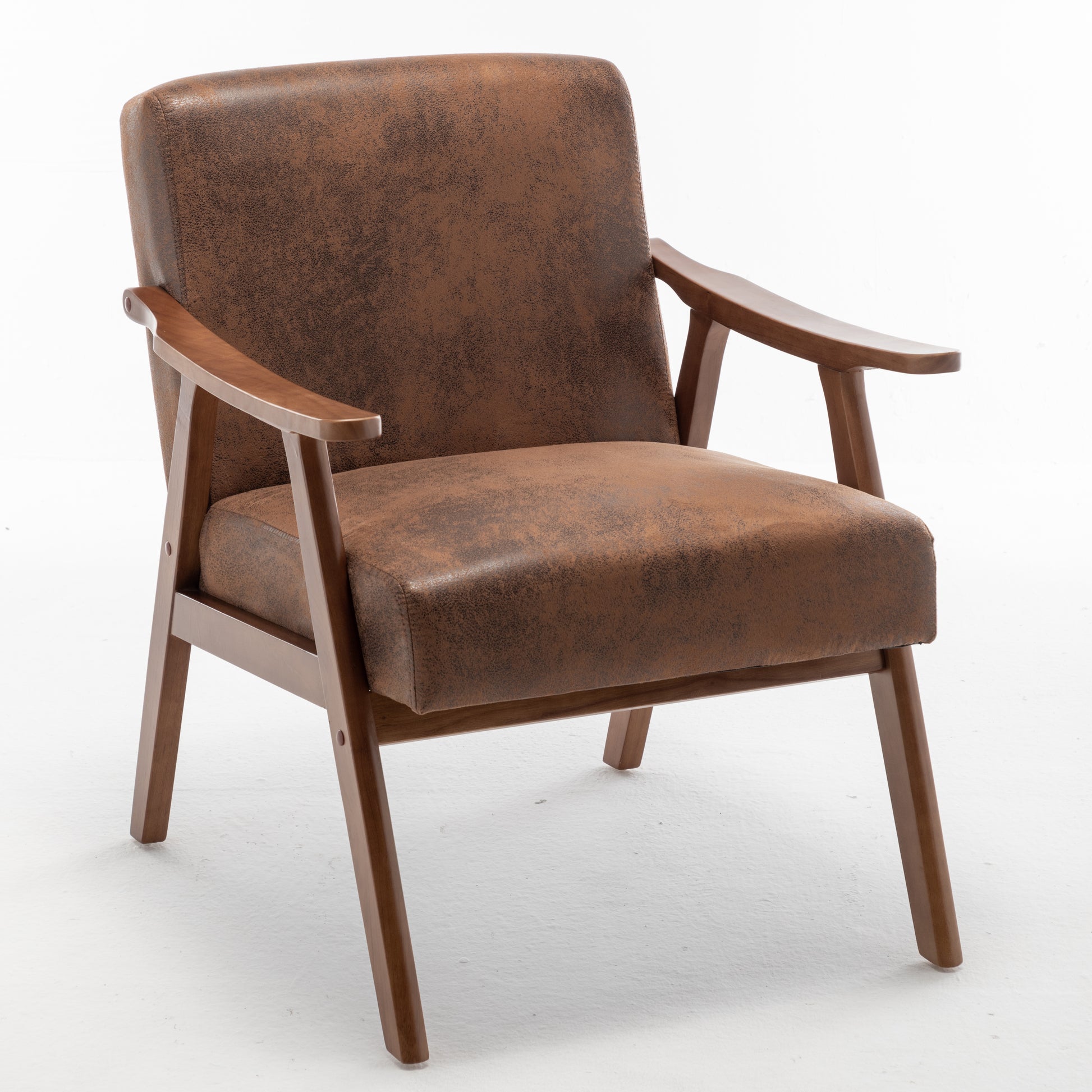 Brown faux leather accent chair with wooden frame and arms