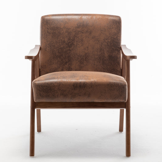 Brown faux leather armchair with wooden frame