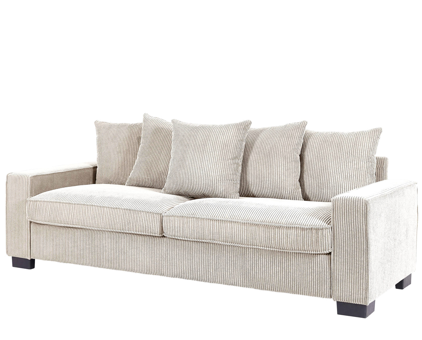 Beige corduroy sofa with five plush cushions
