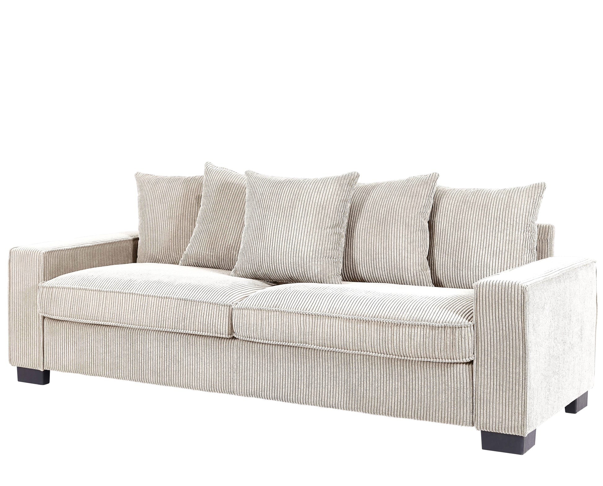 Beige corduroy sofa with five plush cushions
