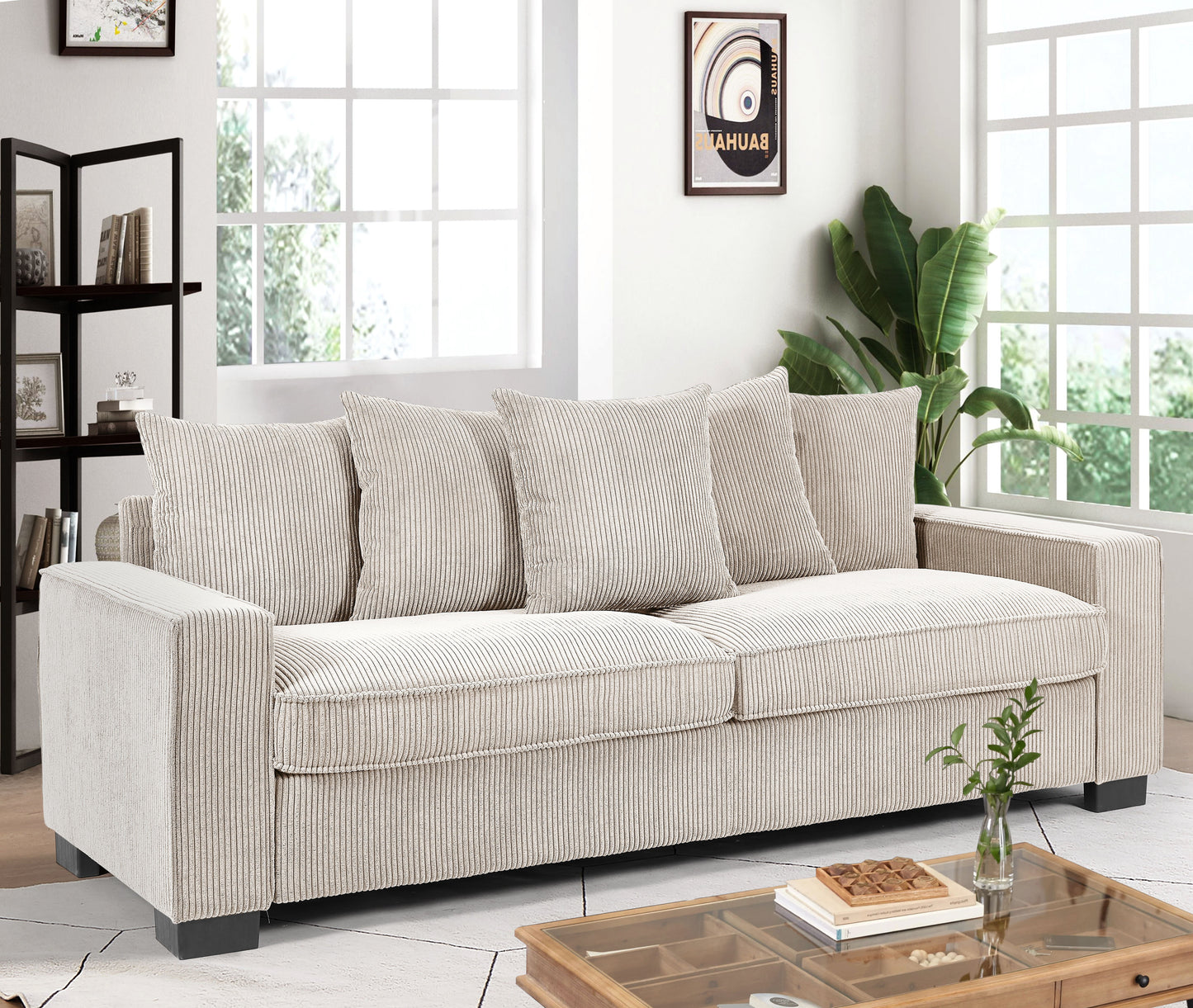 A cozy beige corduroy sofa with plush cushions and dark wooden legs perfect for a modern living room