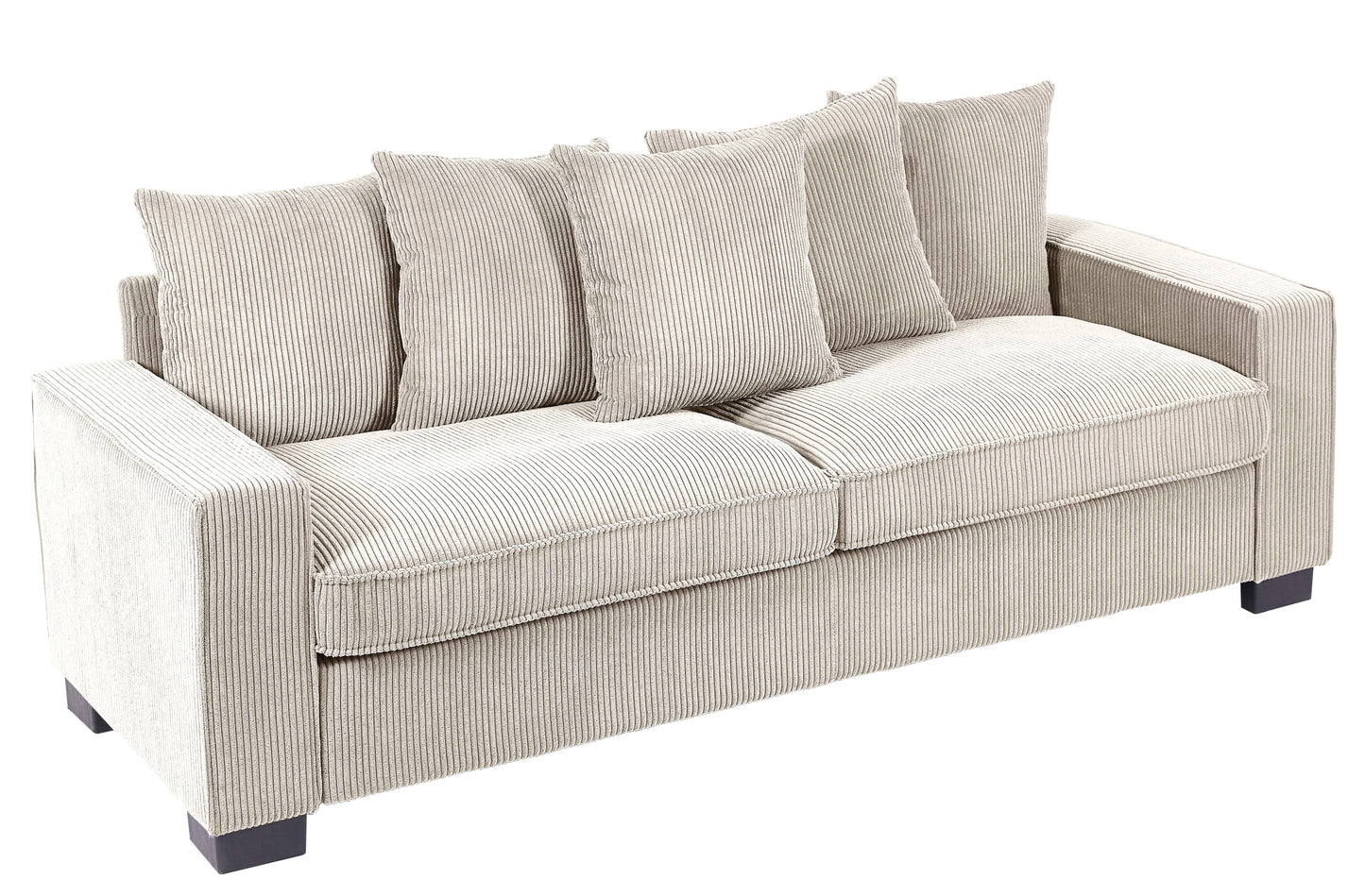 Modern light beige corduroy sofa with plush back cushions and square arms for a cozy living room