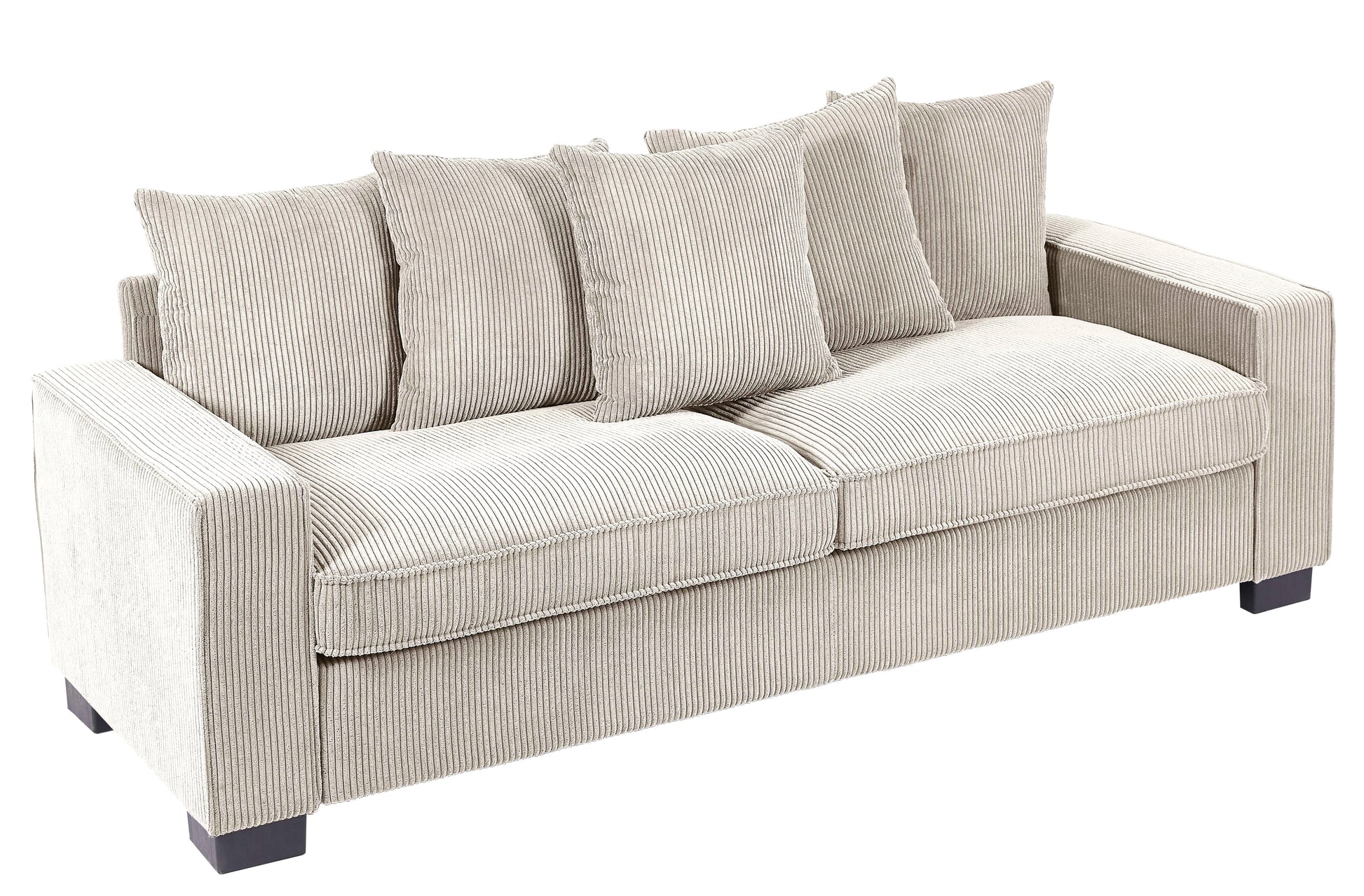 Modern light beige corduroy sofa with plush back cushions and square arms for a cozy living room