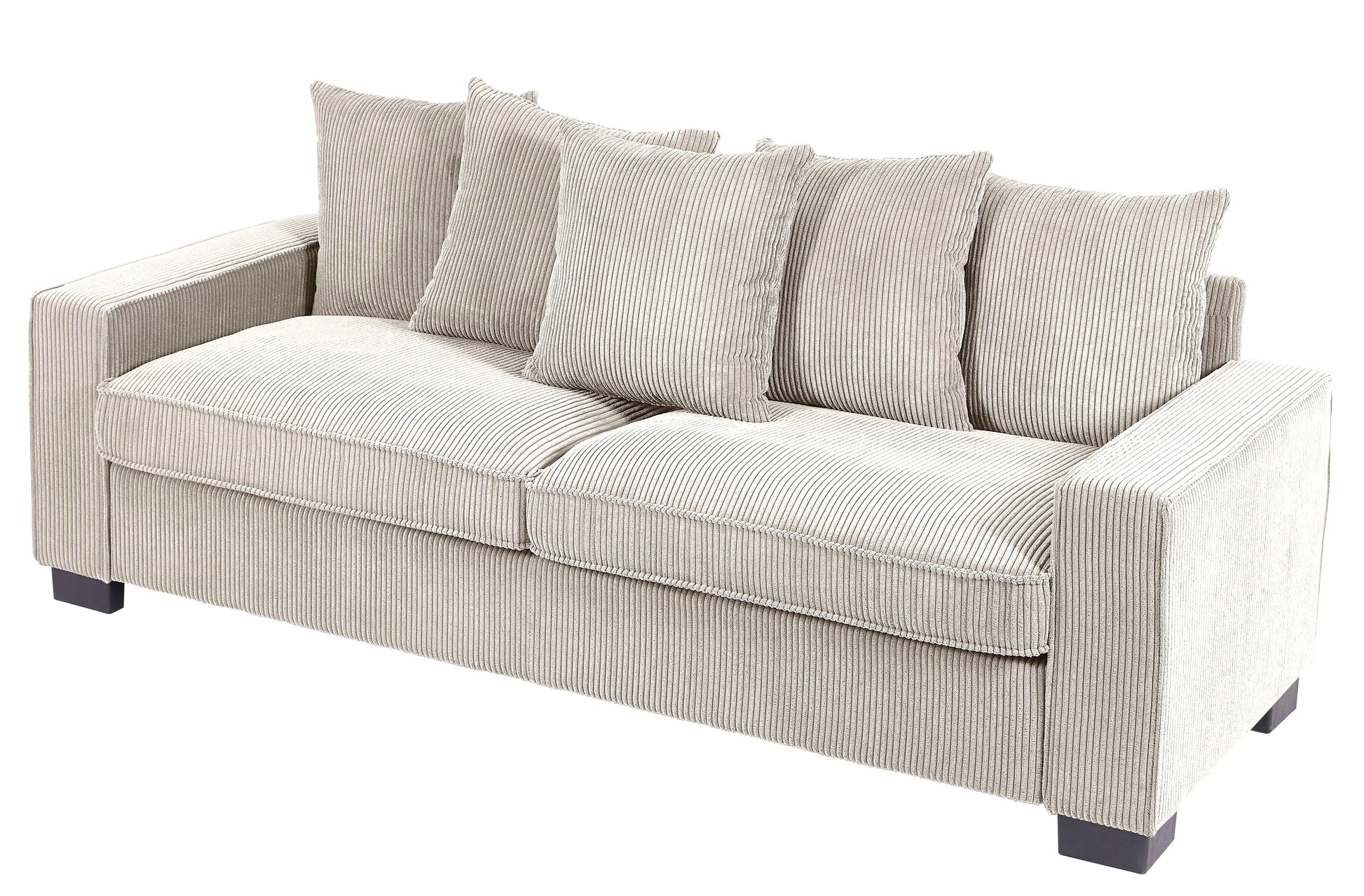 Light beige corduroy sofa with four plush back cushions