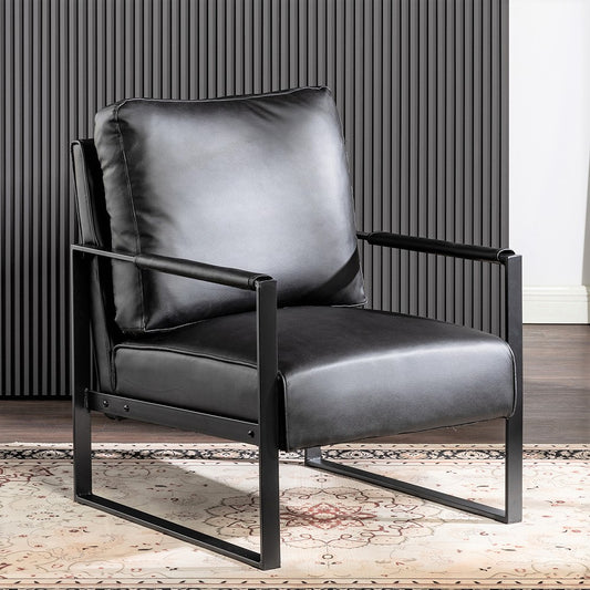 Sleek black faux leather armchair with modern metal frame
