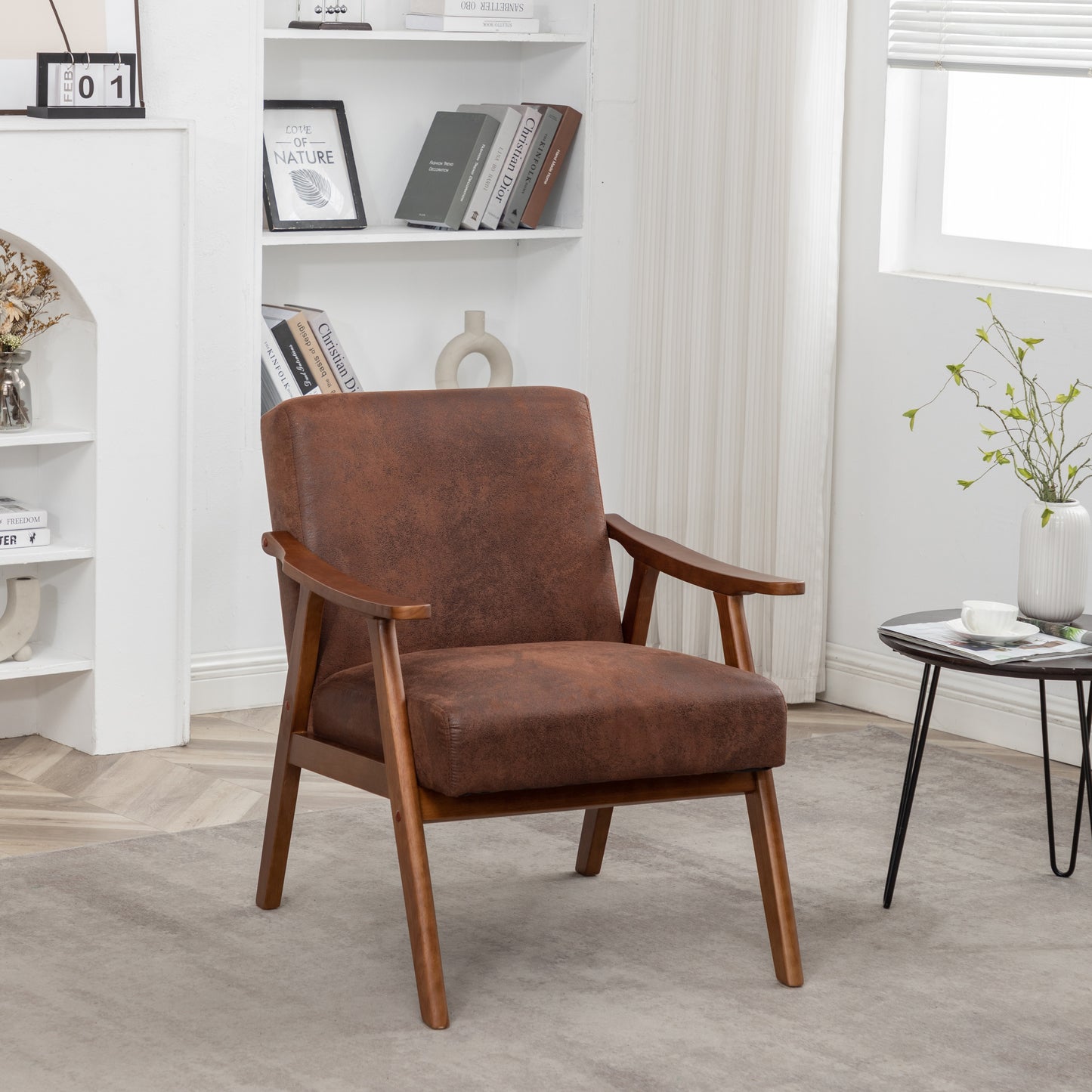 Brown faux leather armchair with wooden frame