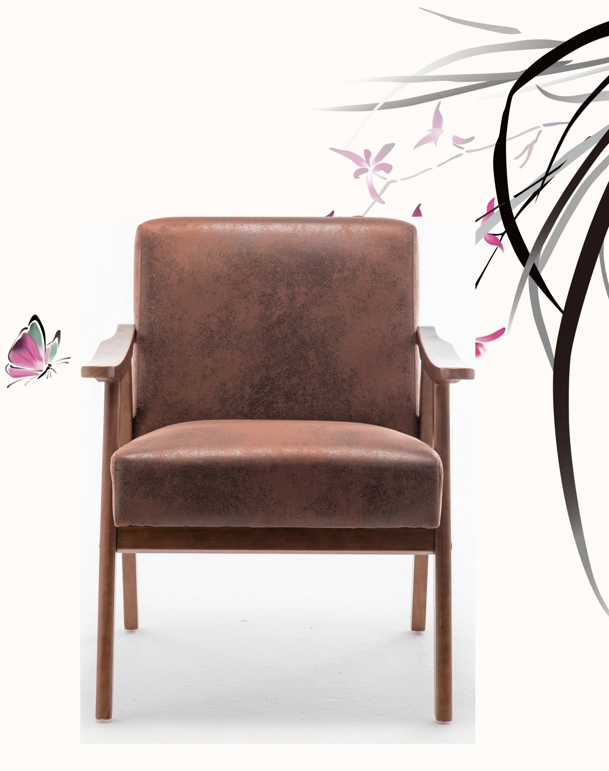 Brown faux leather armchair with wooden frame