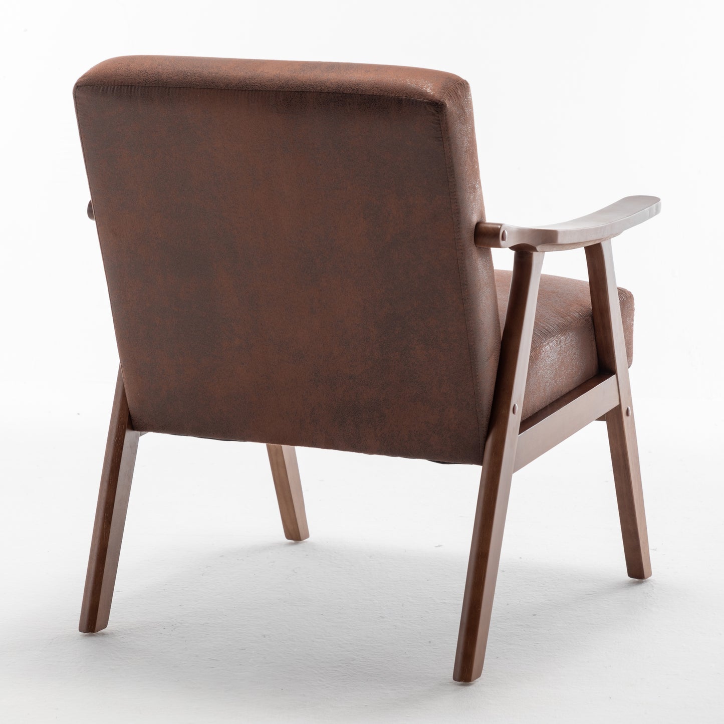 Brown faux leather armchair with curved wooden arms and legs