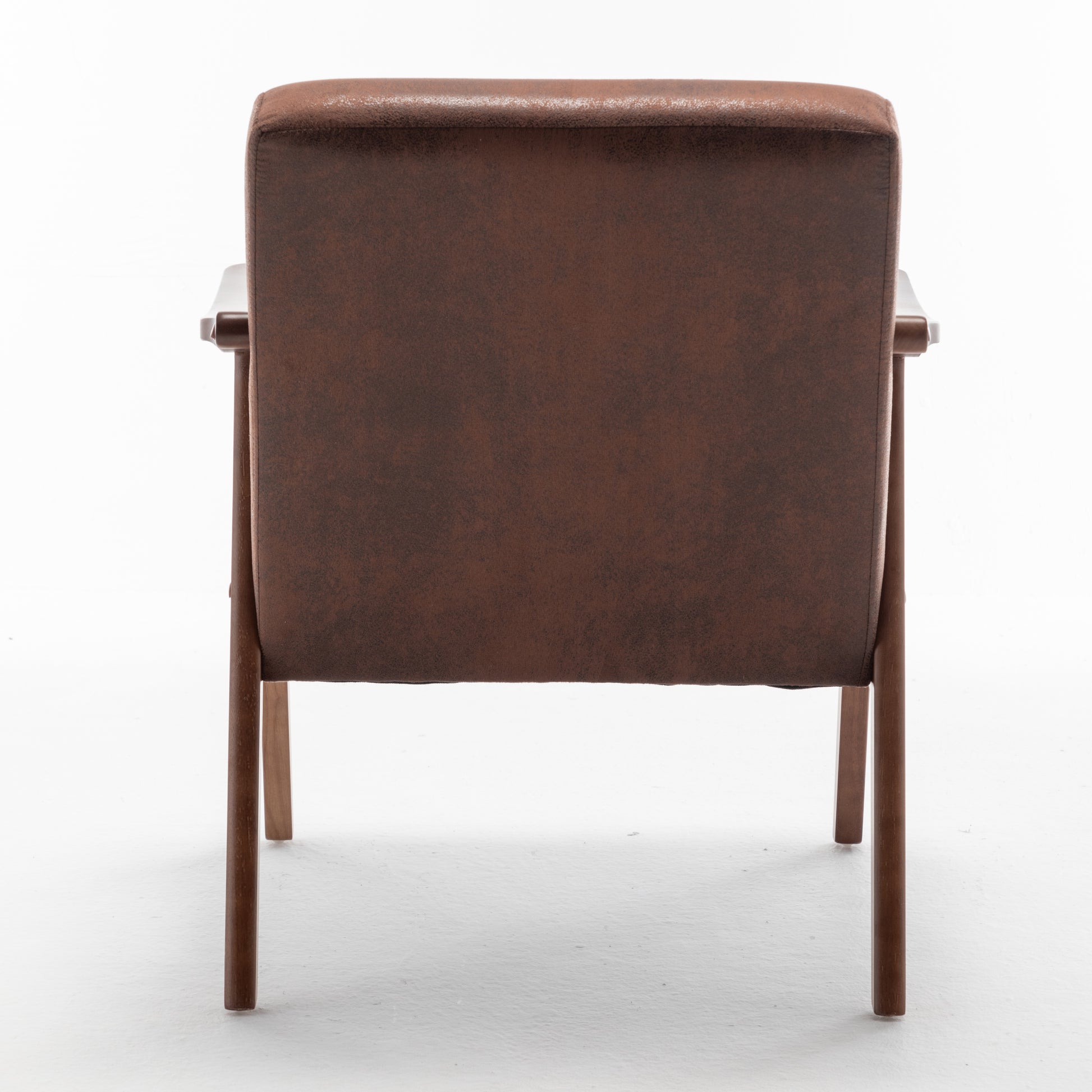 Brown faux leather armchair with dark wood frame