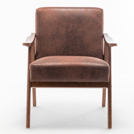 Brown faux leather armchair with wooden frame and arms