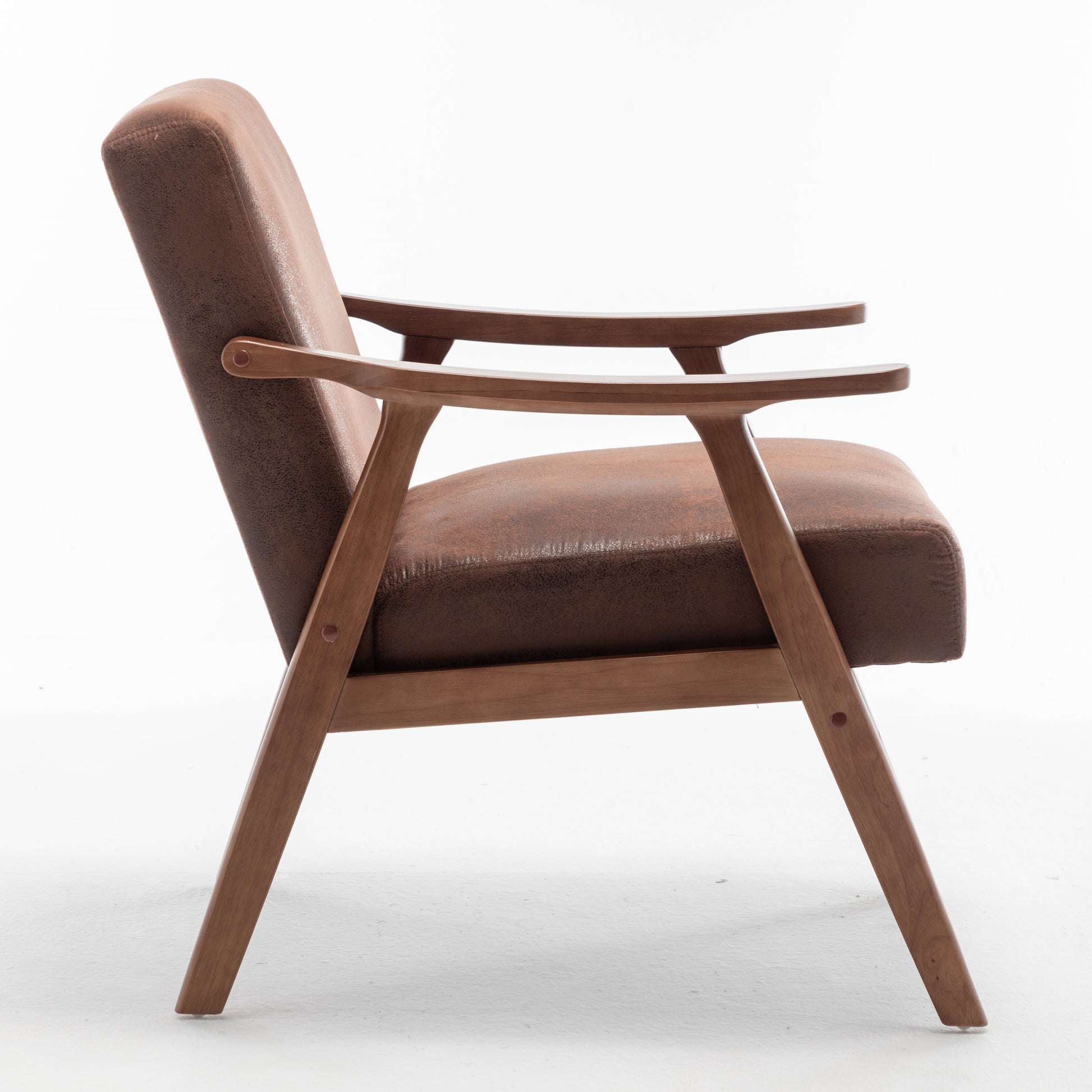 Brown faux leather accent chair with natural wood frame and arms